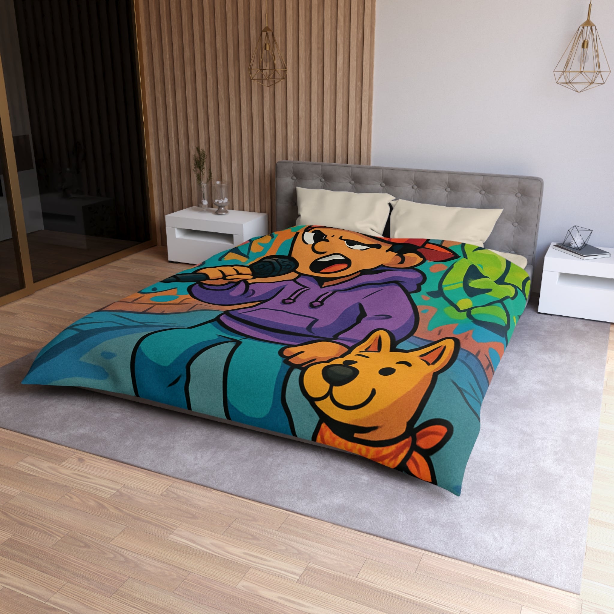 Housse de Couette Rap Urbain avec Chien et Graffiti Coloré pour Chambre Adolescente