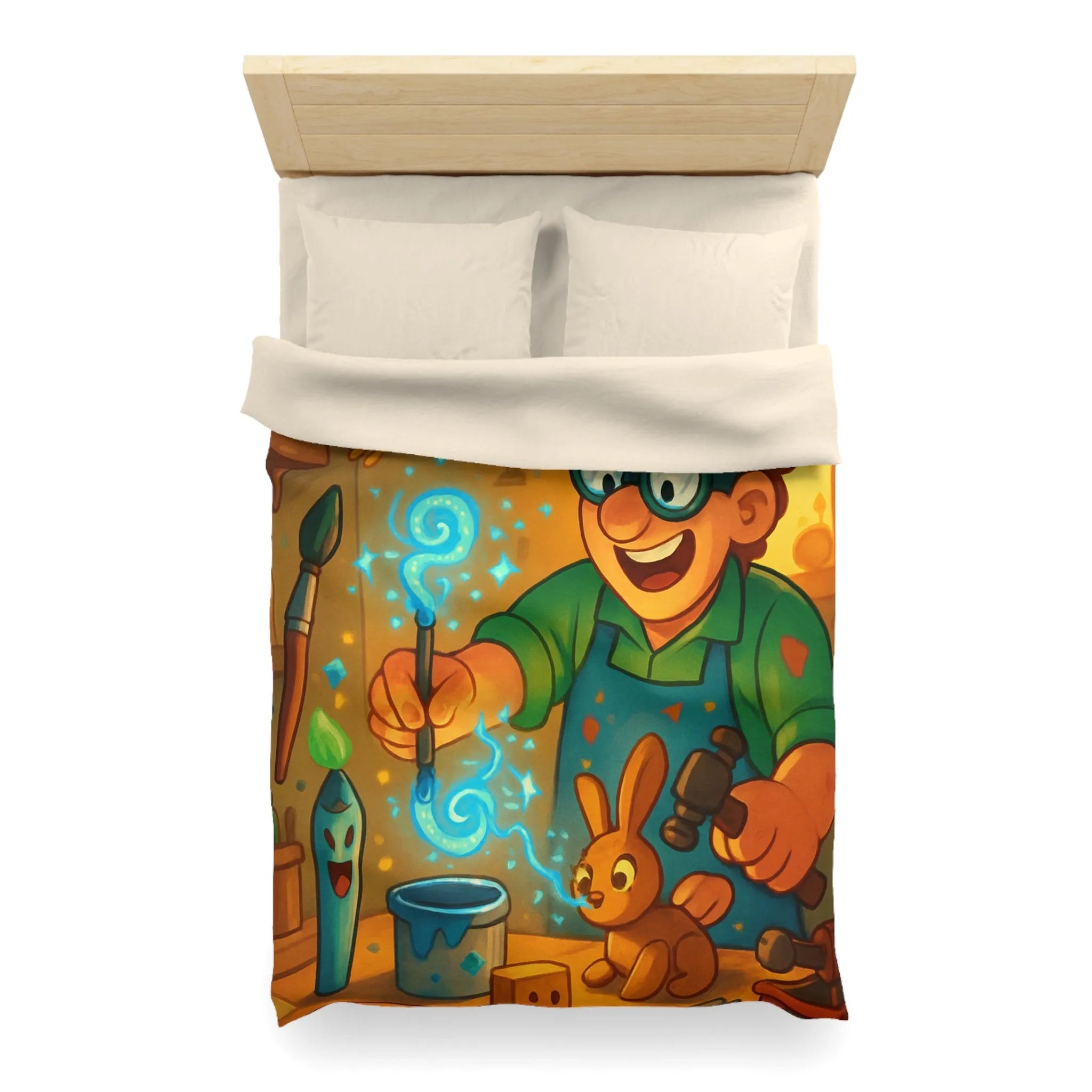 Artisan heureux sculpte figurines magiques dans atelier en bois lumineux et coloré