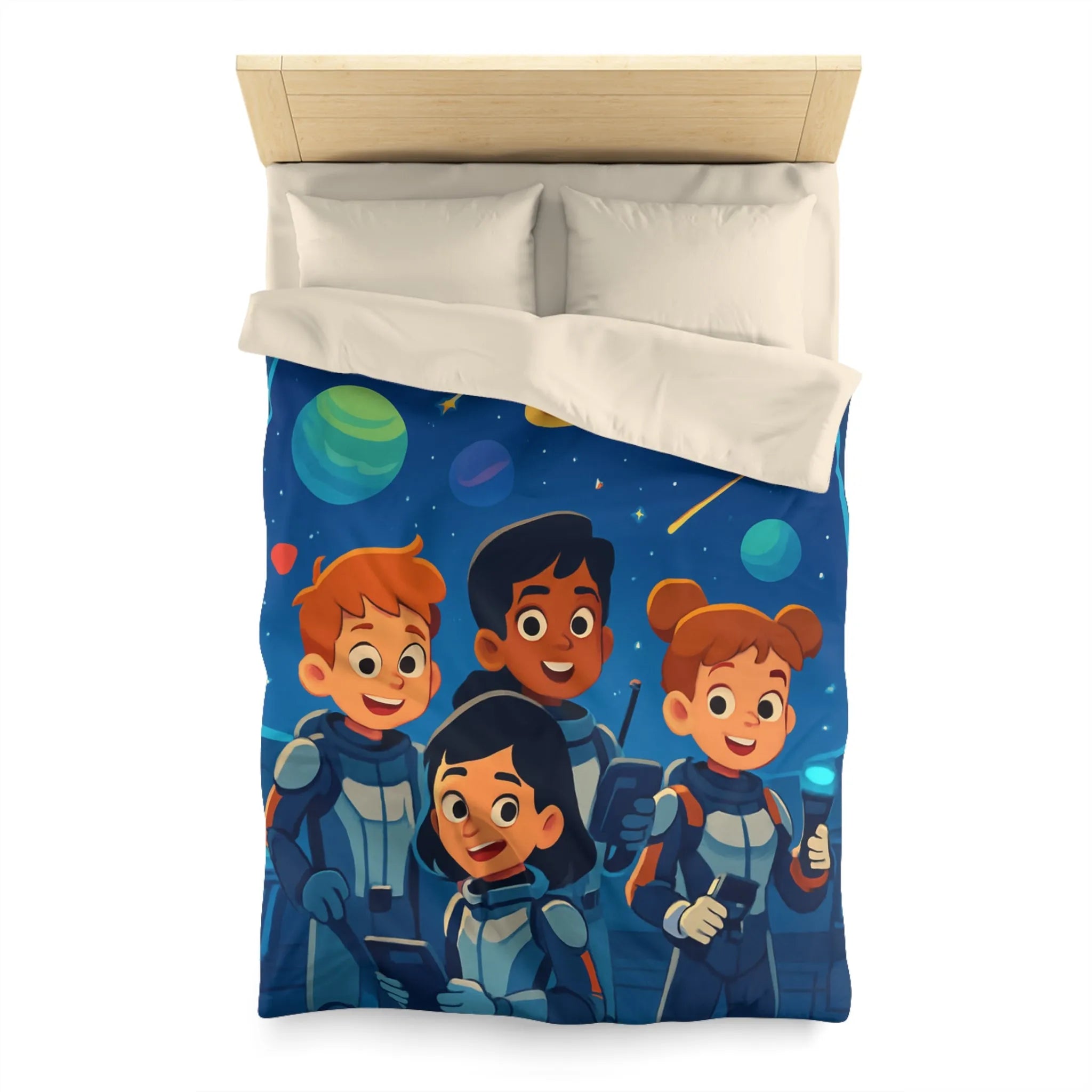 Housse de couette enfant en exploration spatiale avec planètes colorées et jeunes astronautes