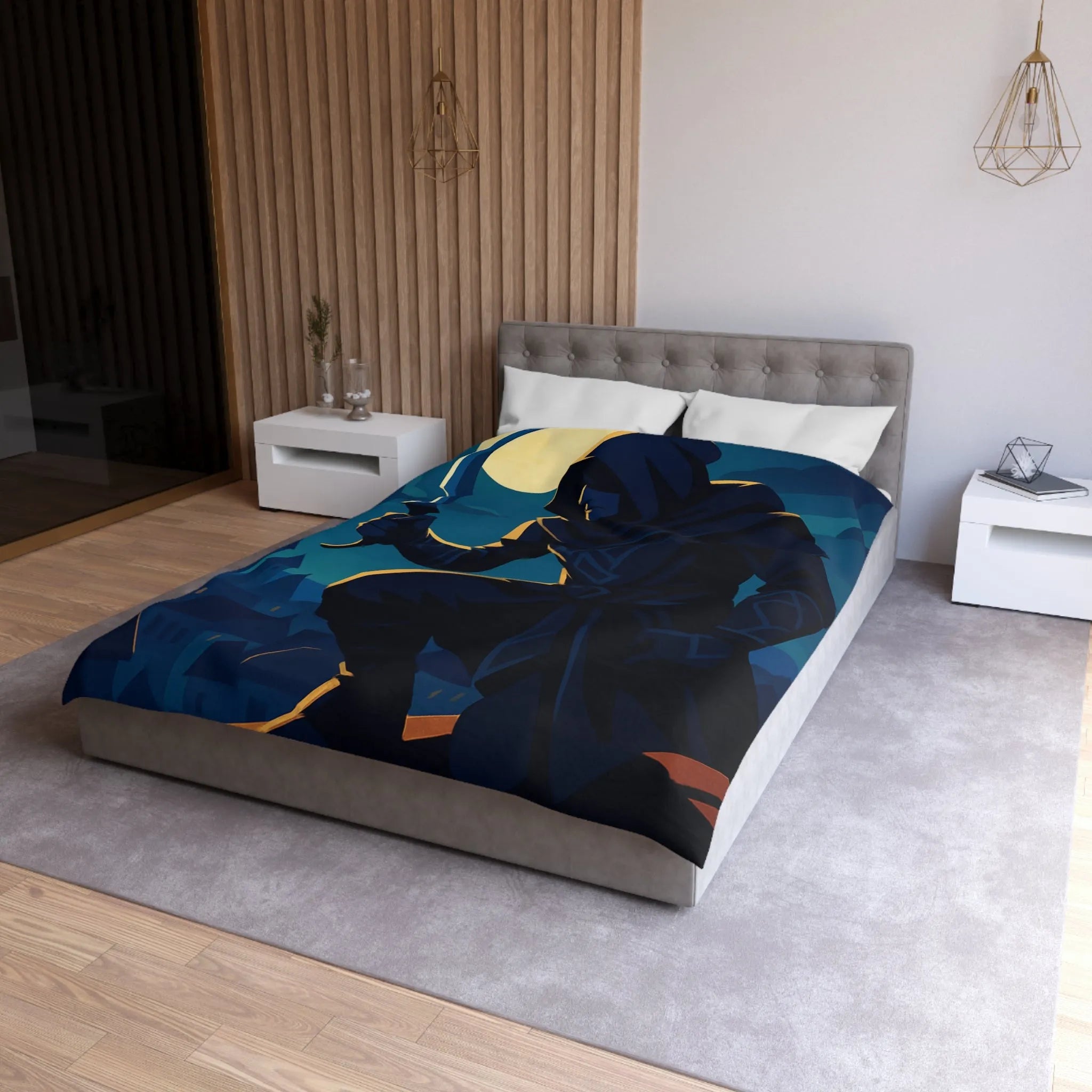 Housse de couette avec silhouette de voleur menaçant sous une pleine lune brillante