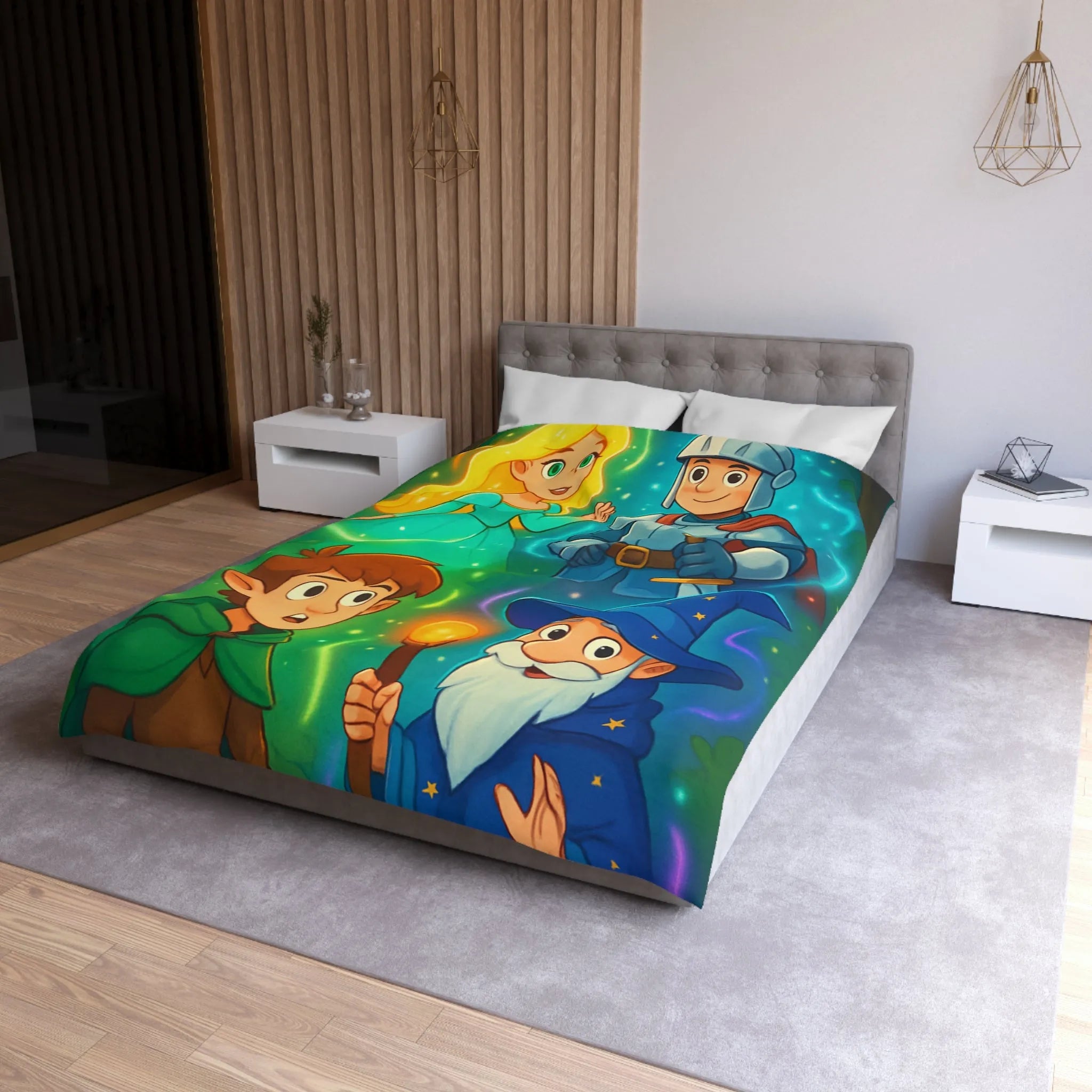 Housse de couette avec chevalier, magicien, princesse et elfes pour chambre enfant