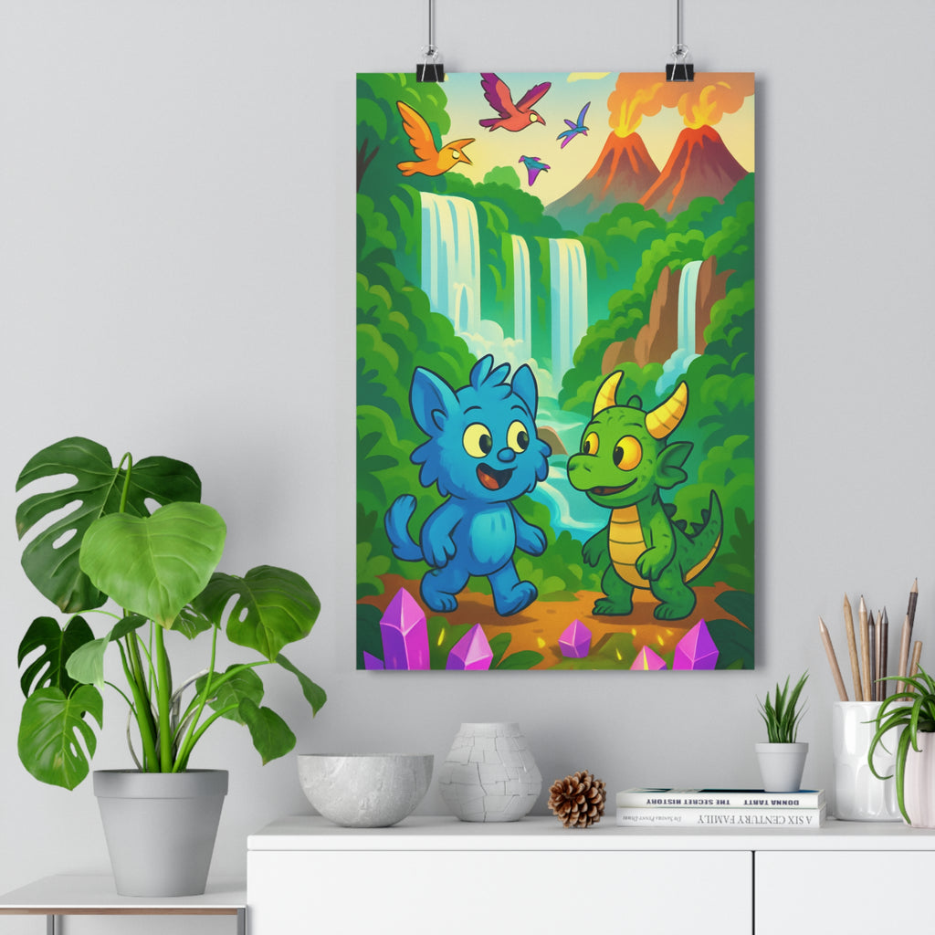 Poster décoratif tropical animé bleu vert joyeux aventurier enfant cascade magique paysage créature fantaisie