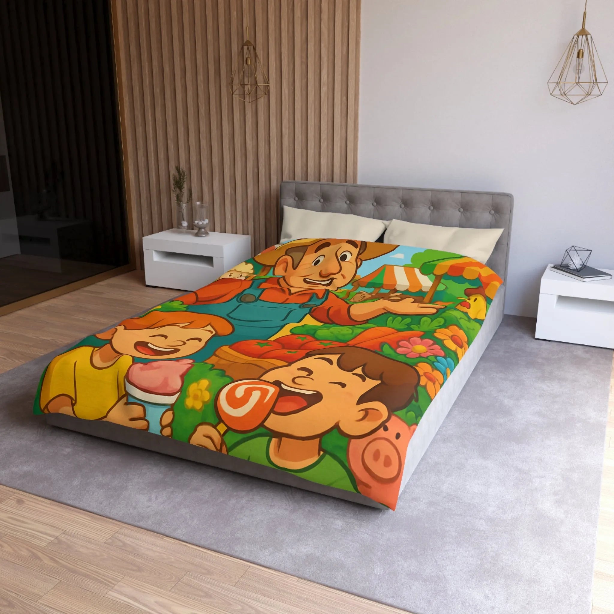 Housse de couette avec illustration joyeuse de ferme pour chambre d'enfant colorée et vivante