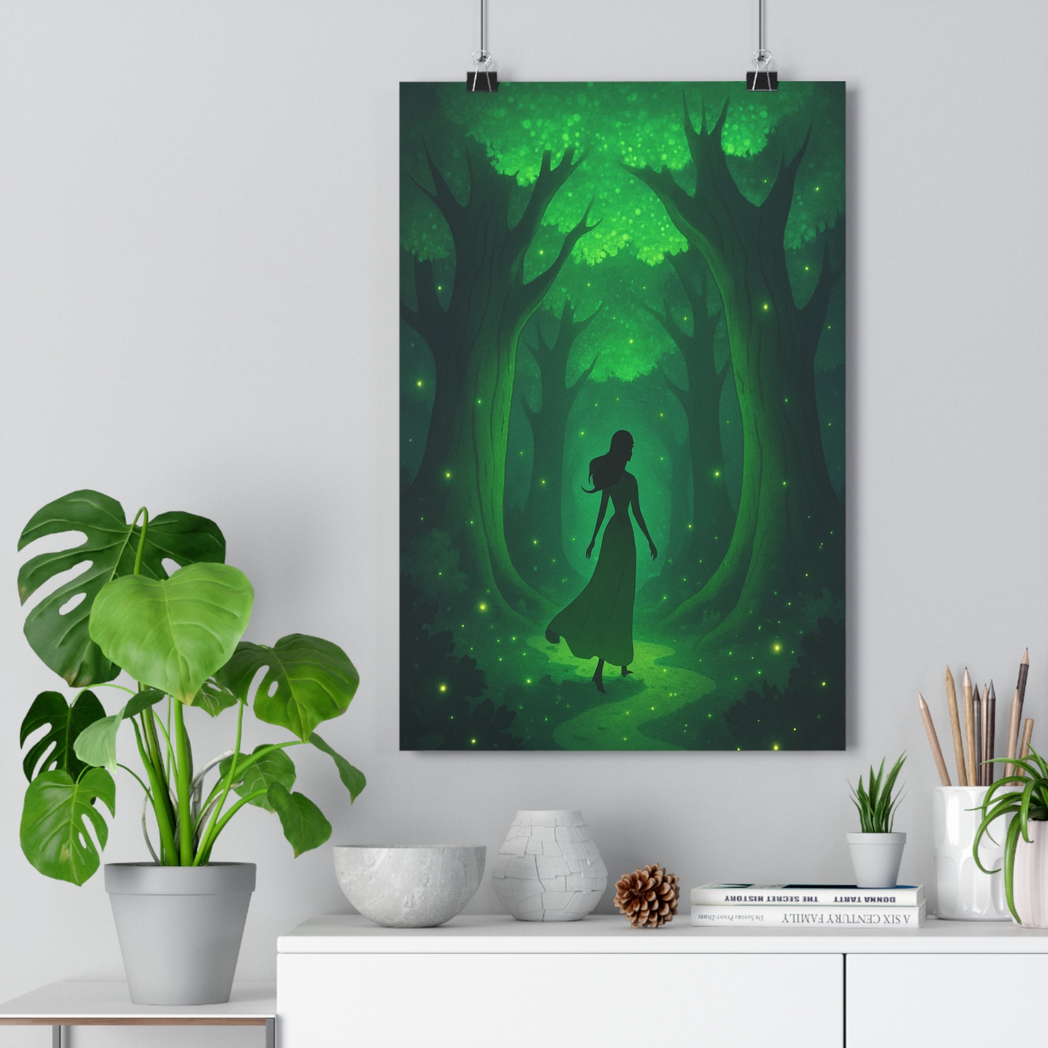 Poster décoratif mystique forêt enchantée vert lumineux dessin animé magique chambre salon ambiance féminine