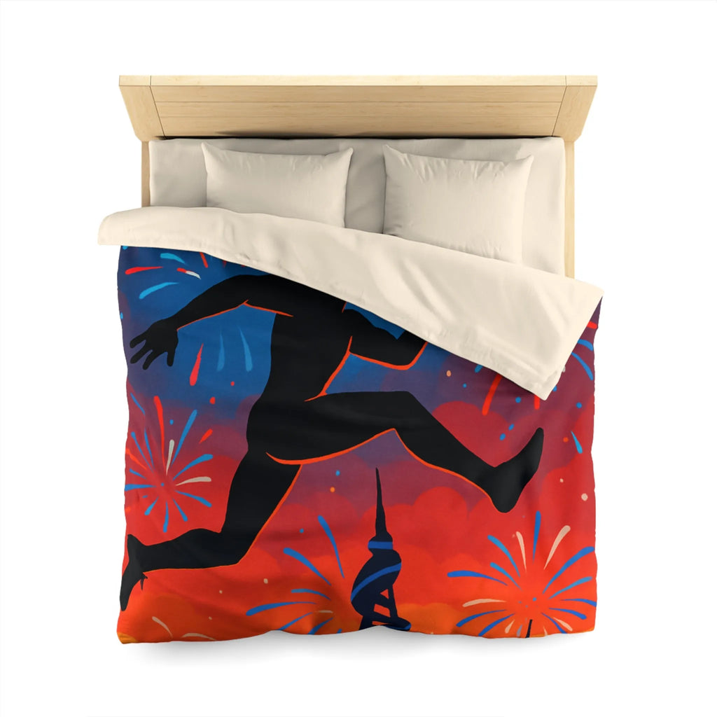 Housse de couette avec silhouette sportive et feux d'artifice, ambiance nocturne colorée