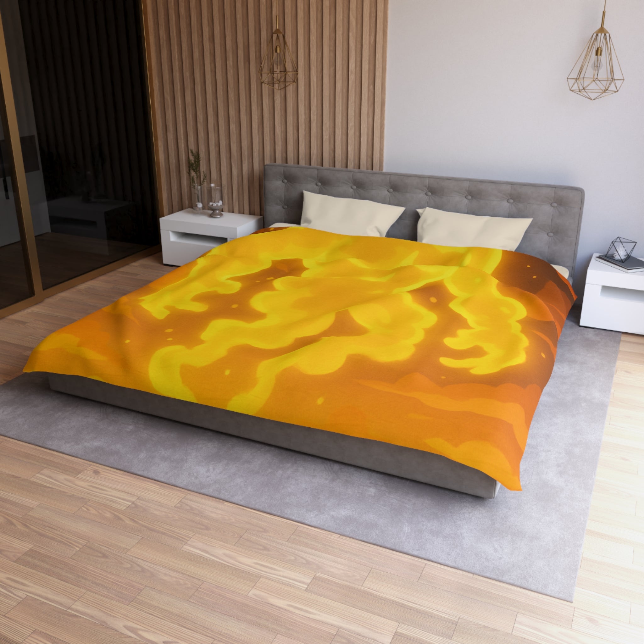 Vision onirique d'un géant flamboyant illuminant un paysage crépusculaire surréaliste en jaune