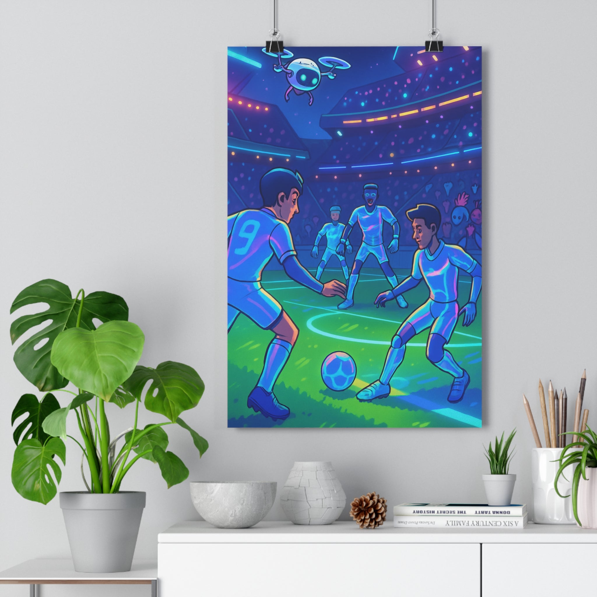 Poster décoratif football futuriste néon cyberpunk dynamique moderne chambre enfant vibrant action anticipation vibrant