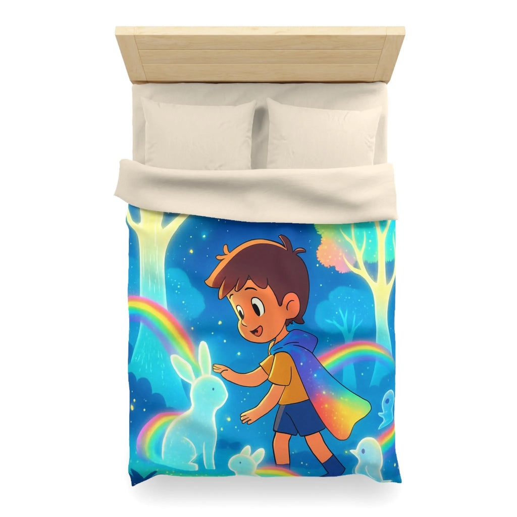 Housse de couette enfantine aux créatures lumineuses et arcs-en-ciel dans forêt enchantée