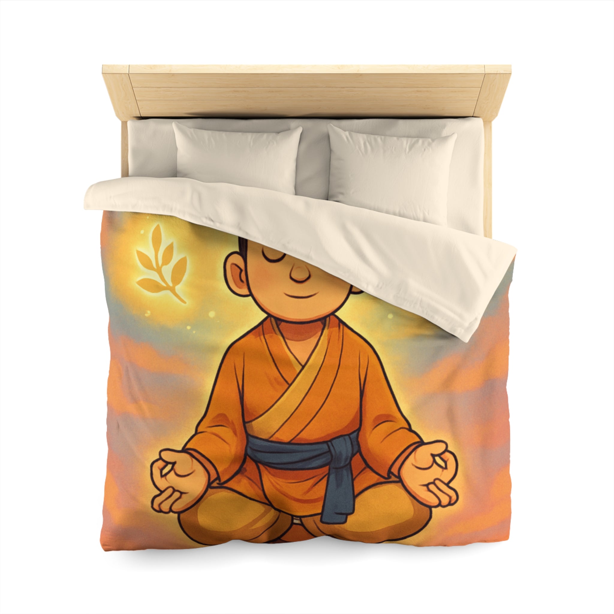 Housse de couette zen avec méditation, symboles spirituels, orange et bleu apaisant