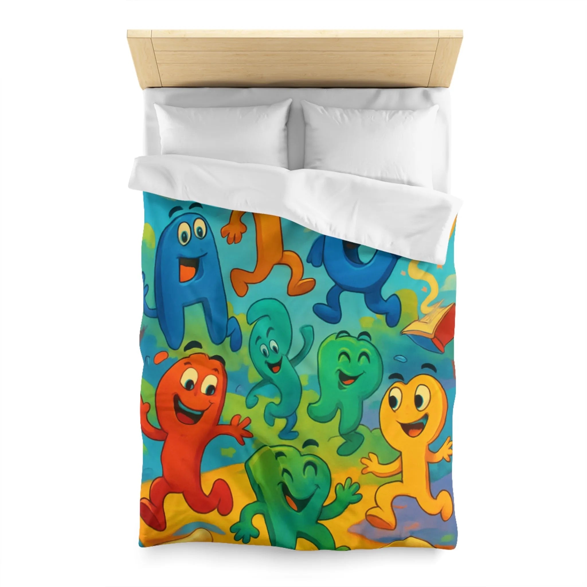 Housse de couette colorée avec lettres animées dans un paysage ludique et éducatif