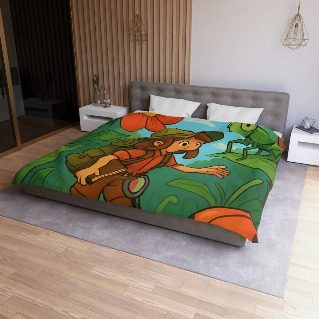 Housse de Couette Enfant Nature avec Exploratrice et Insectes Géants pour Aventure Ludiquement Colorée
