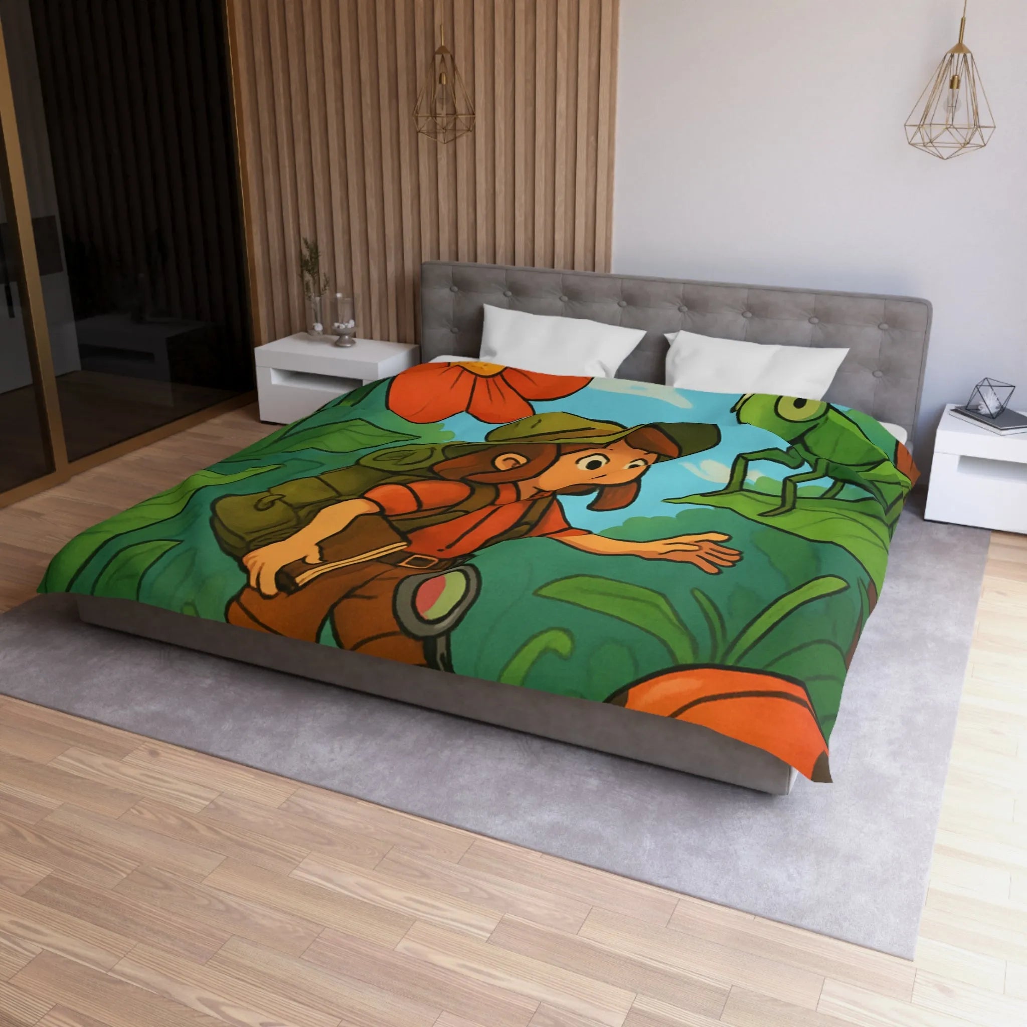 Housse de Couette Enfant Nature avec Exploratrice et Insectes Géants pour Aventure Ludiquement Colorée