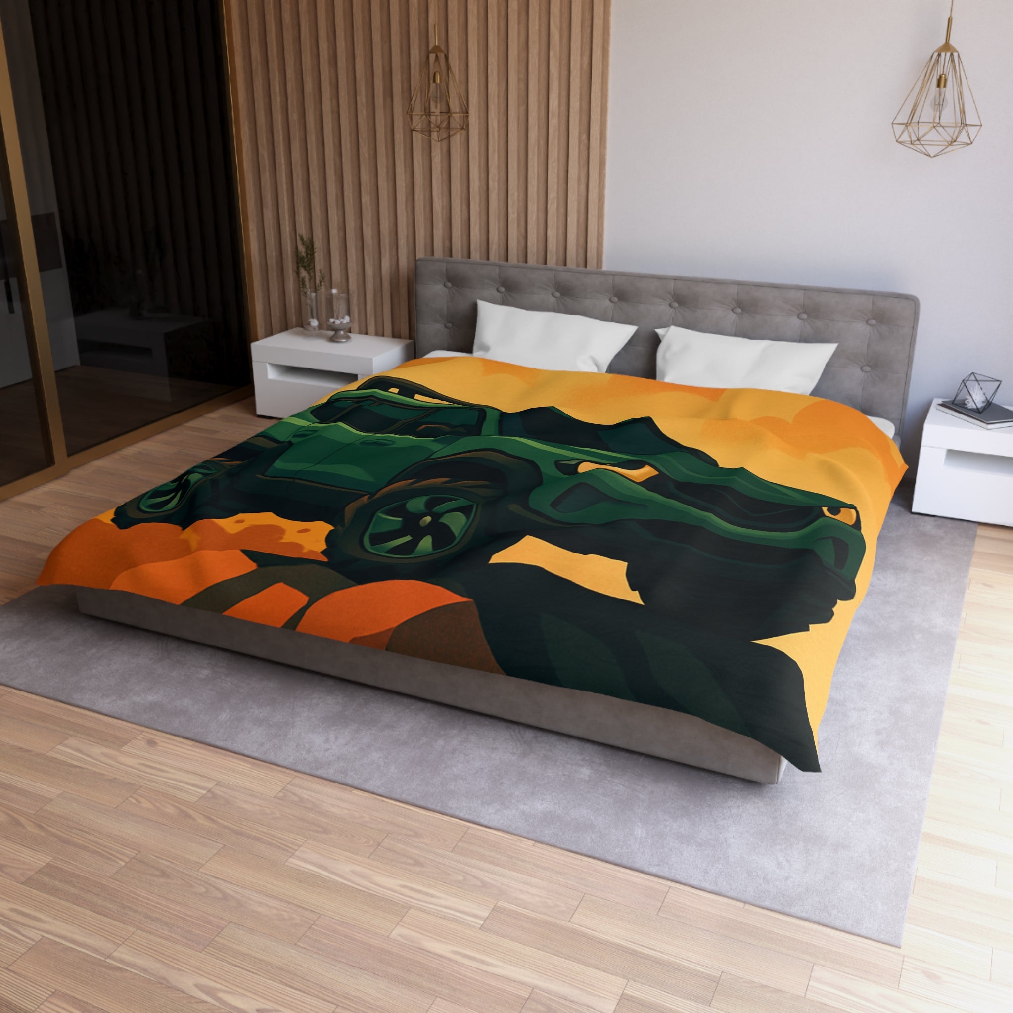 Housse de couette SUV vert, illustrée, ambiance aventure, nuages orange, montagne rocailleuse