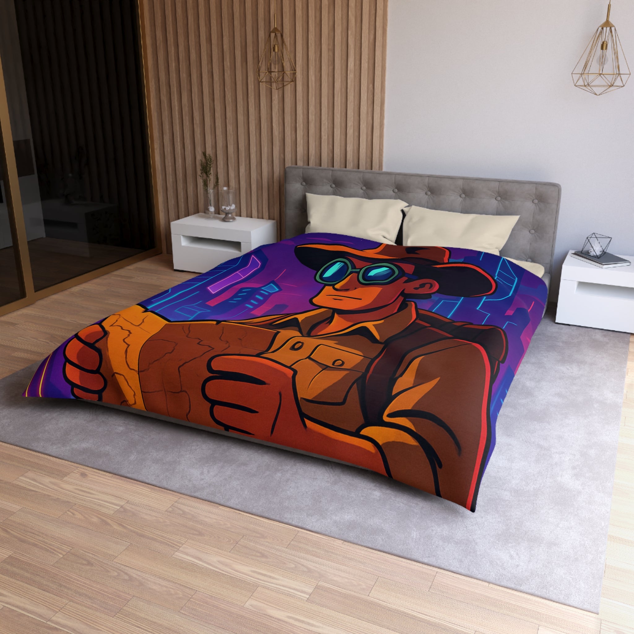 Housse de couette rétro futuriste avec explorateur urbain et voiture volante néon