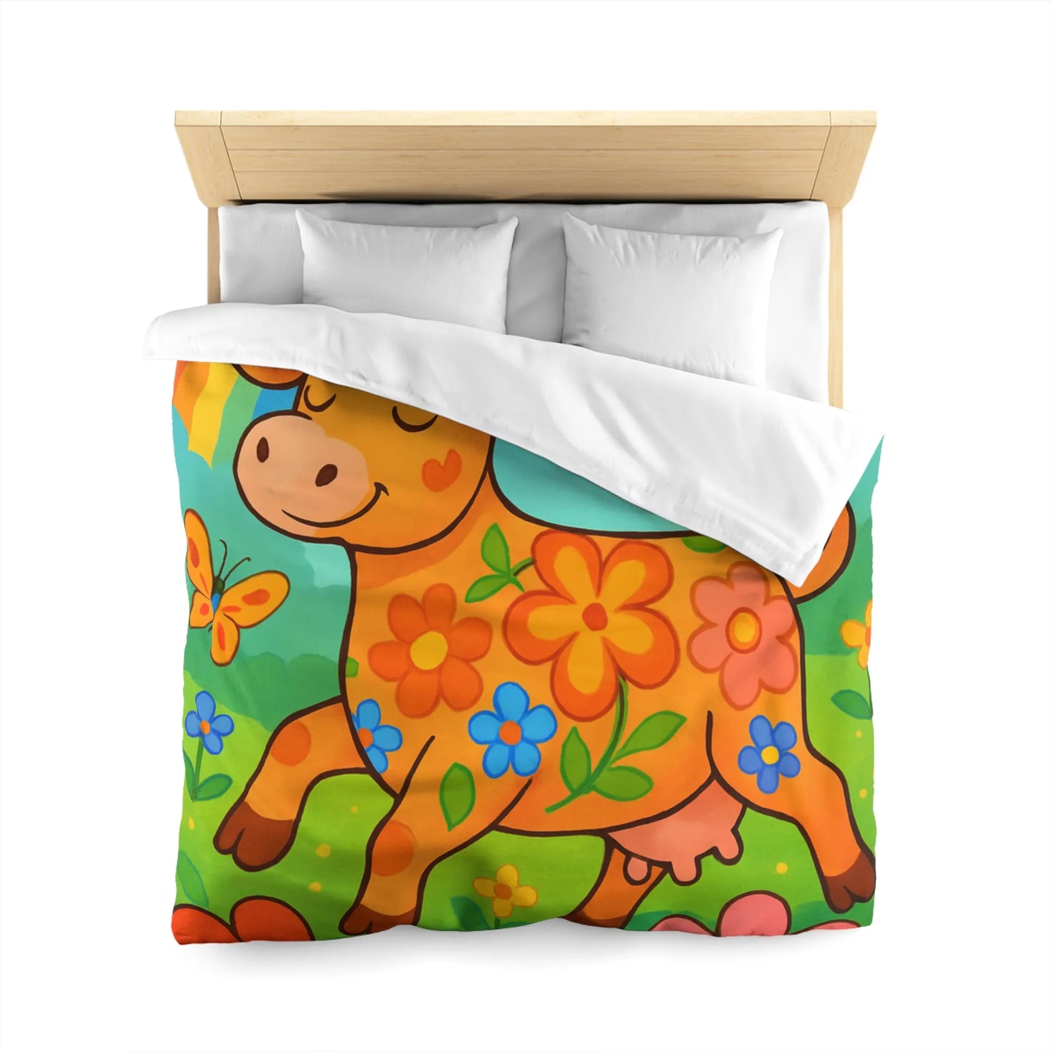 Housse de Couette Enfant Joyeuse Vache Orange Sous Arc-en-Ciel et Papillons Colorés