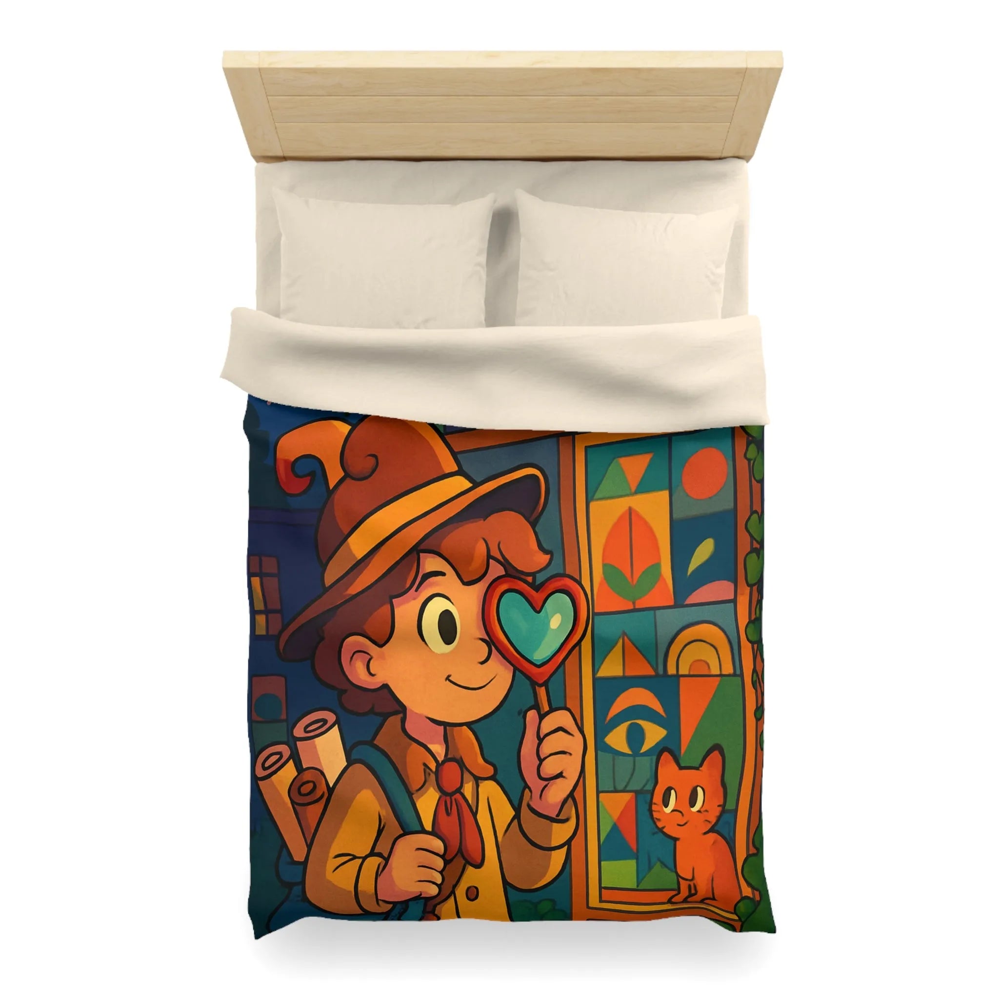 Housse de couette enfant magique avec chat mignon et motifs géométriques colorés