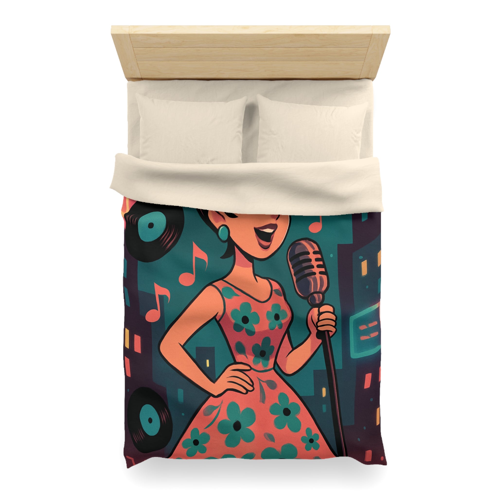 Housse de Couette Vintage Femme en Robe à Fleurs Chante Microphone Musique.