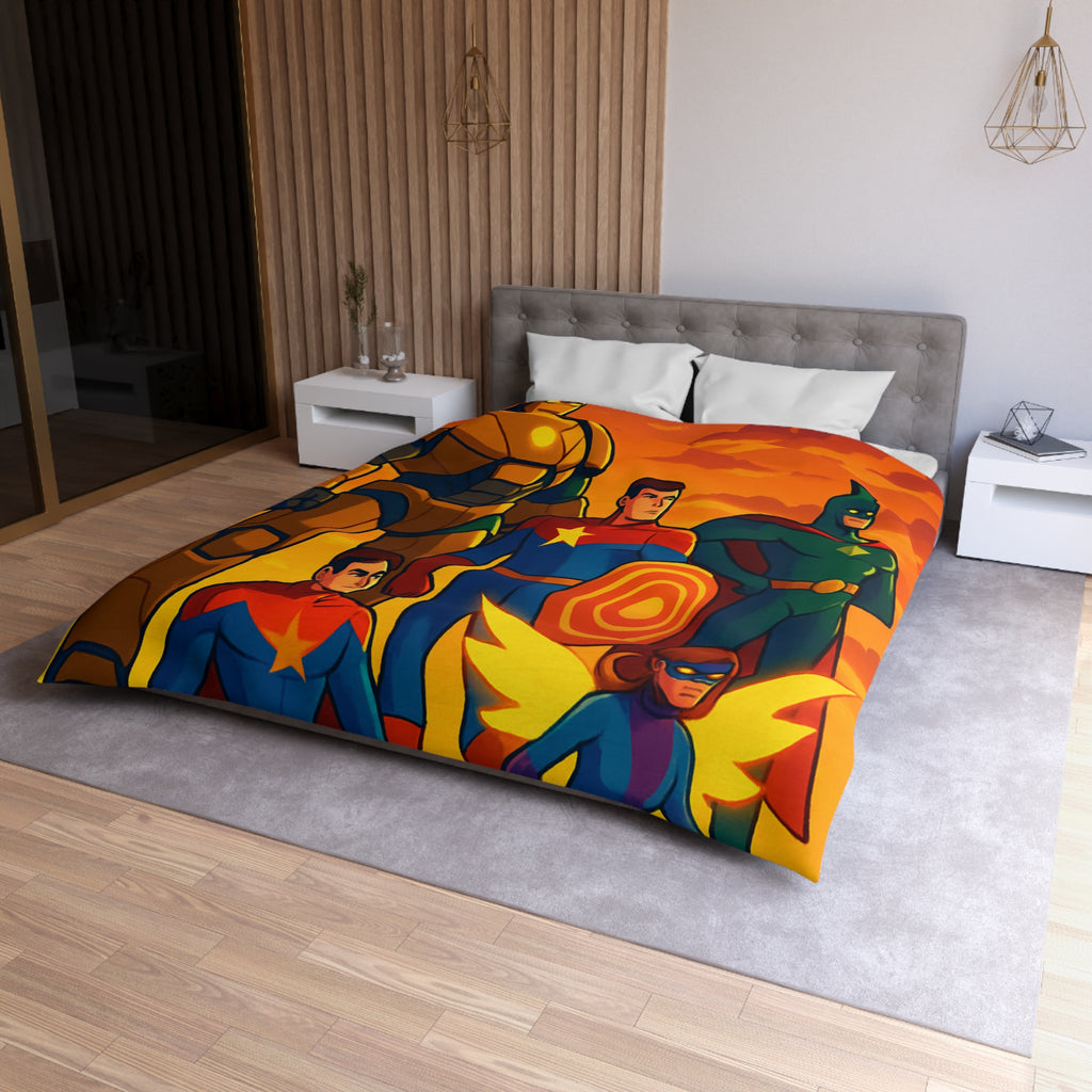 Housse de couette super-héros en costumes colorés avec coucher de soleil épique en arrière-plan