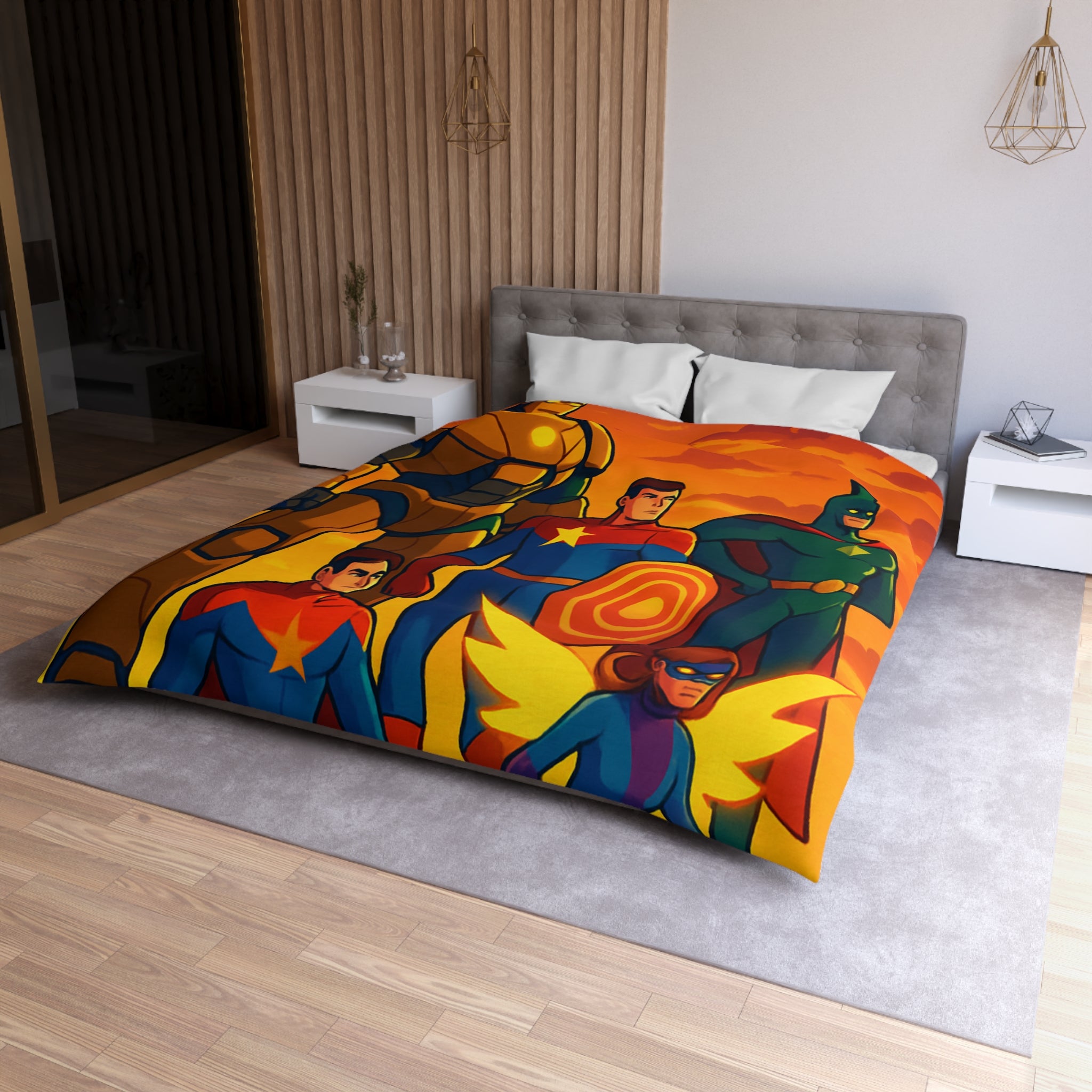 Housse de couette super-héros en costumes colorés avec coucher de soleil épique en arrière-plan