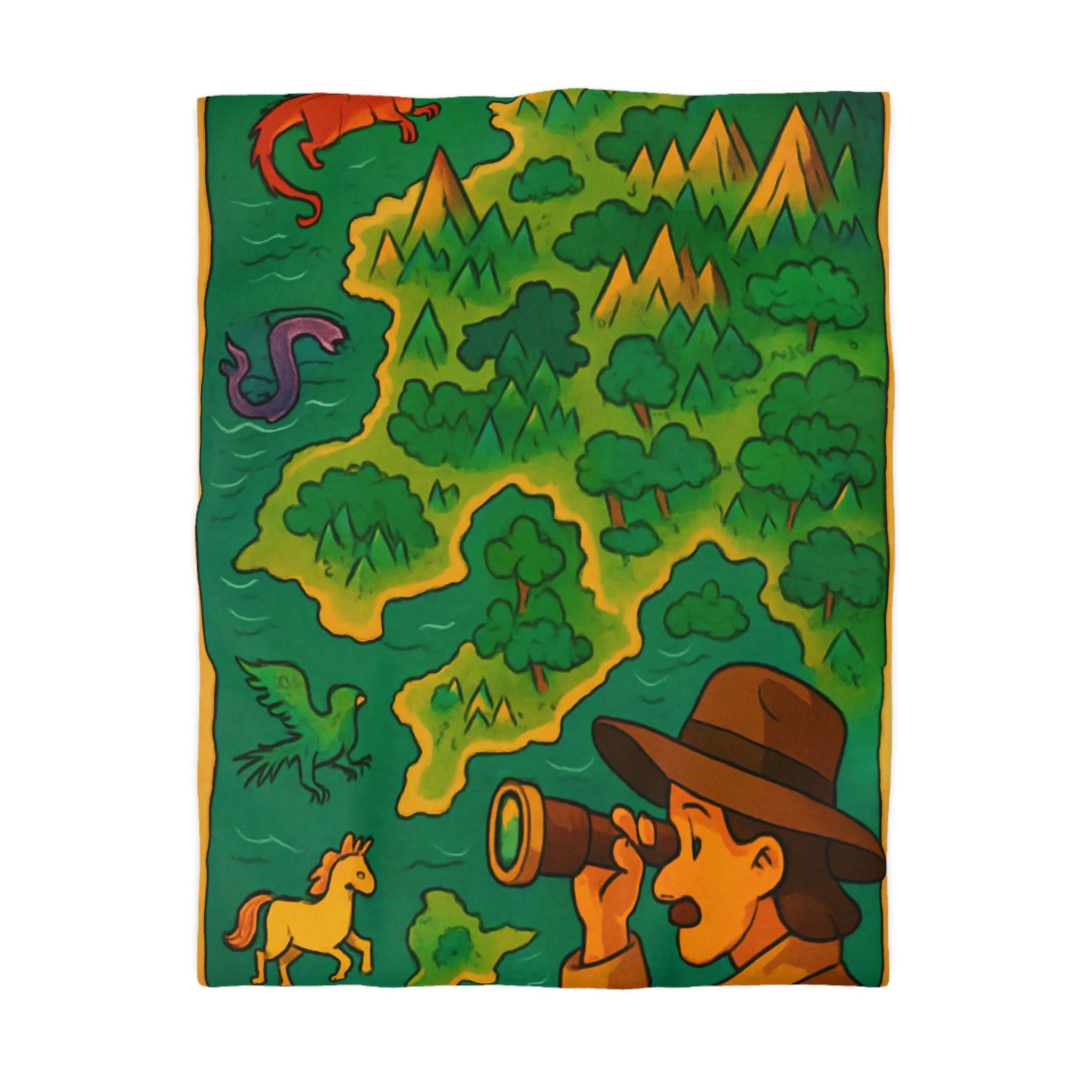 Explorez une carte magique avec dragons, montagnes et créatures mythiques sur fond coloré