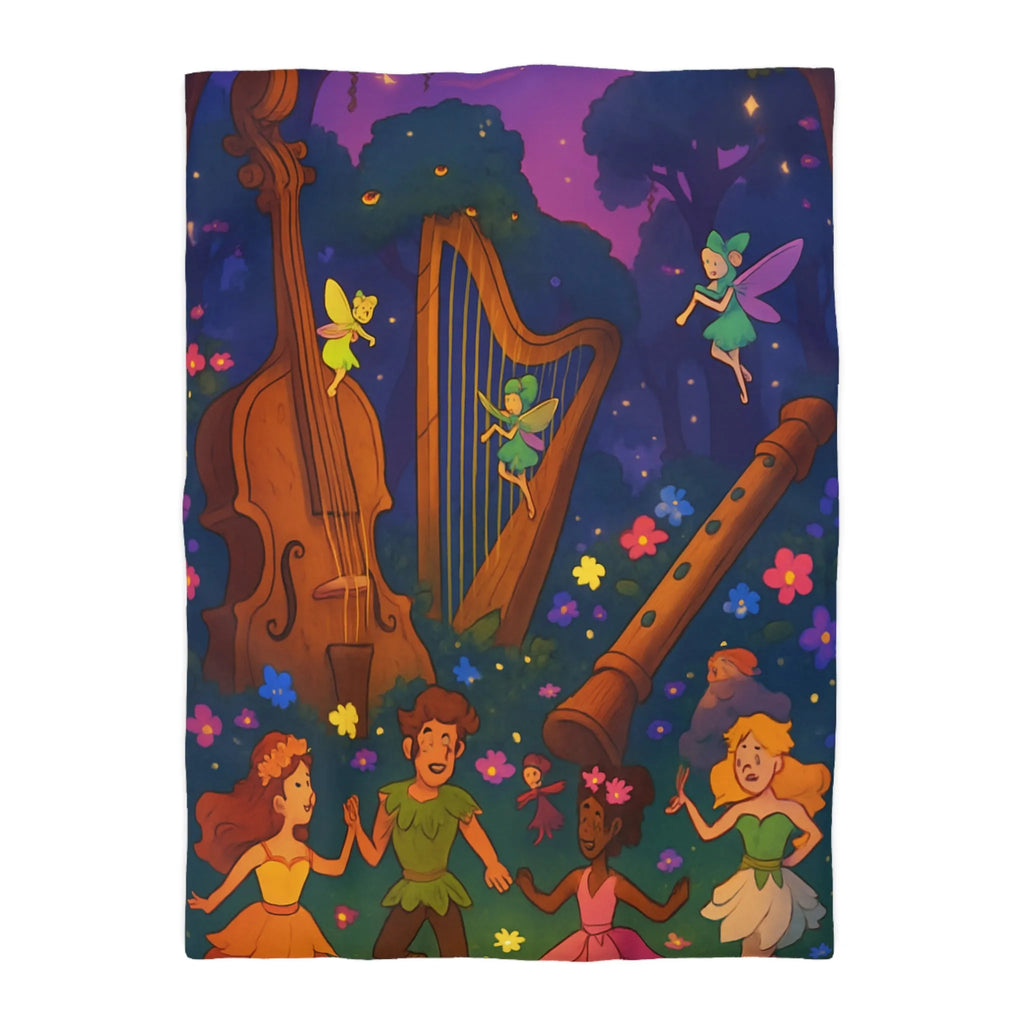 Housse de couette féérique forêt musicale, fées dansant avec fleurs et instruments enchanteurs