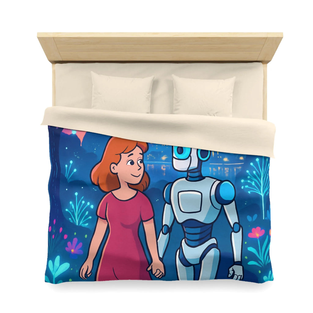 Housse de Couette Enchantée: Enfant et Robot dans un Univers Coloré et Futuriste