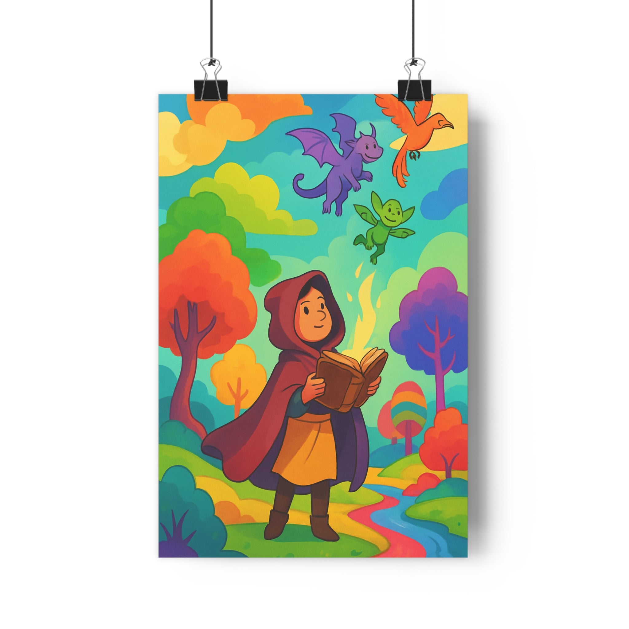 Poster décoratif fantastique rouge violet orange mystique aventure enfant chambre personnage créature coloré vibrant
