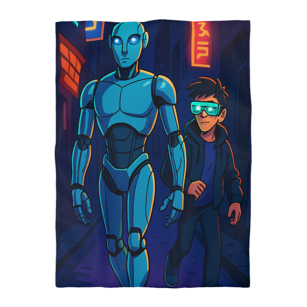 Housse de couette moderne avec illustration néon de robot et jeune avec lunettes lumineuses