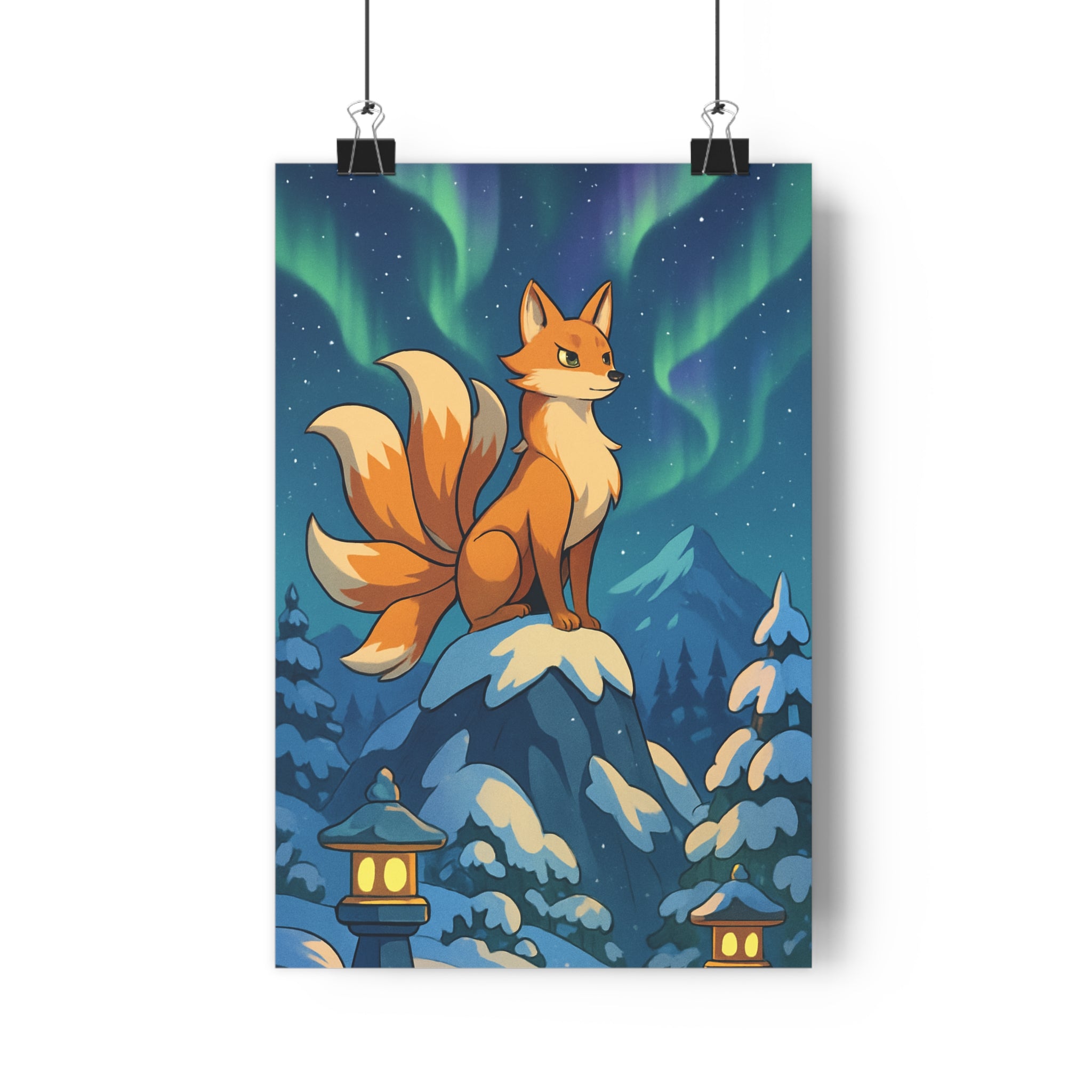 Poster décoratif anime renard neuf queues montagne neige mystique salon bureau 30x46 cm qualité