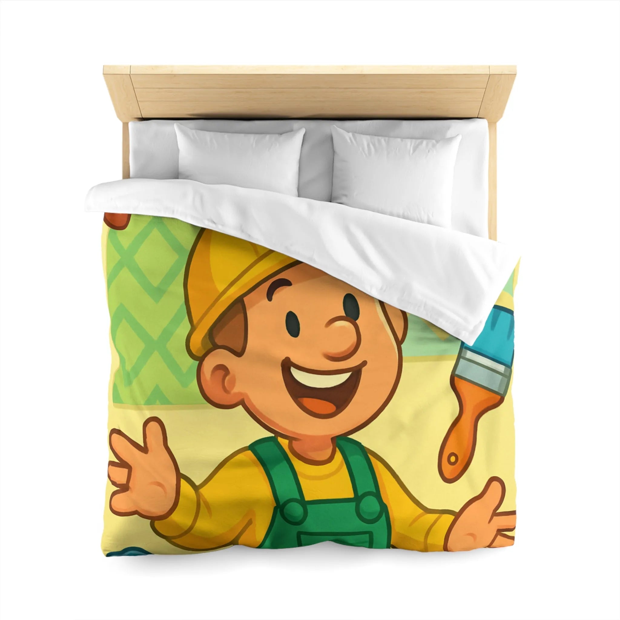 Housse de couette joyeuse pour enfants avec outils de bricolage et personnage souriant