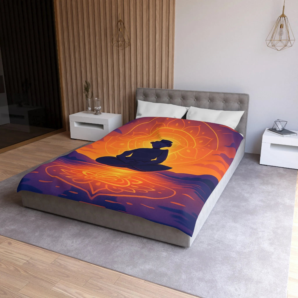 Housse de couette méditation silhouette au coucher de soleil avec reflet mandala lumineux