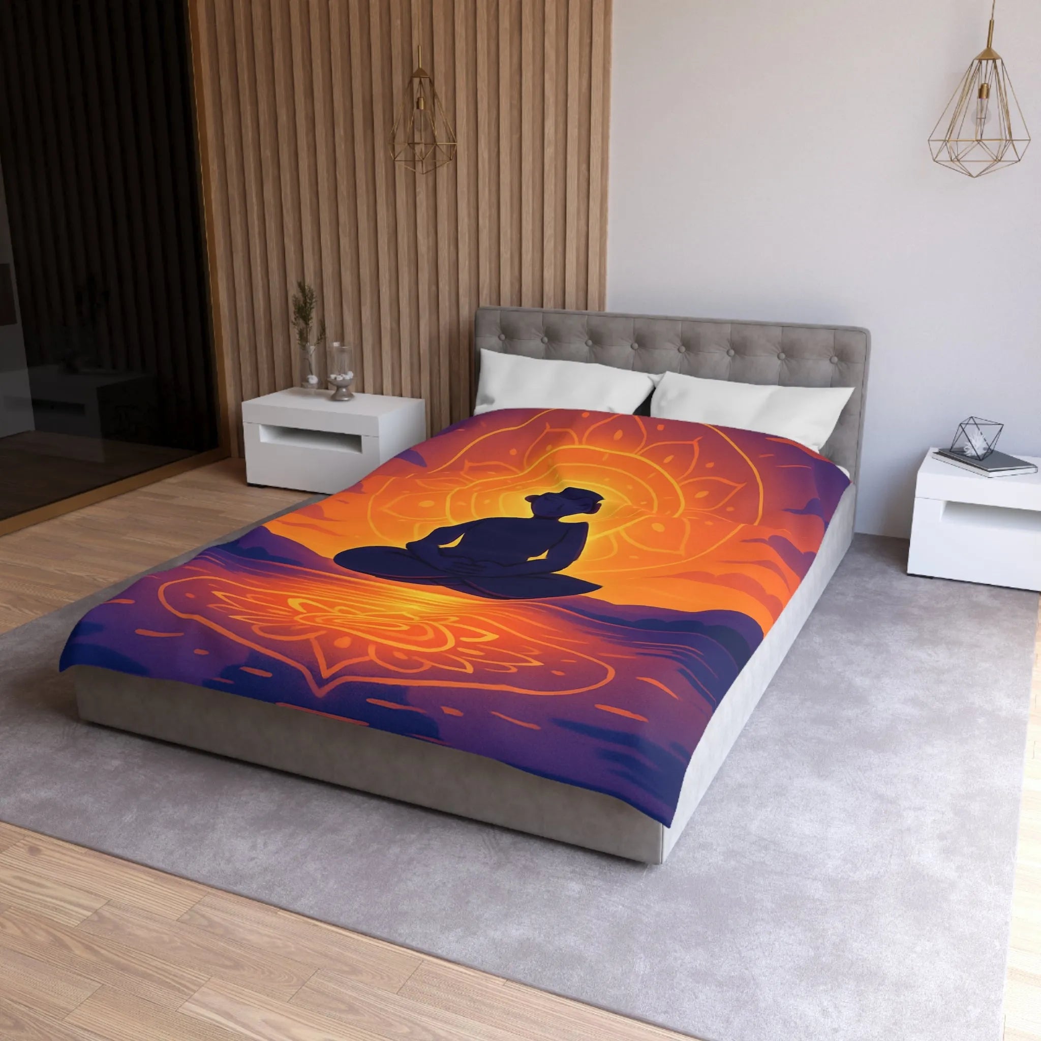 Housse de couette méditation silhouette au coucher de soleil avec reflet mandala lumineux