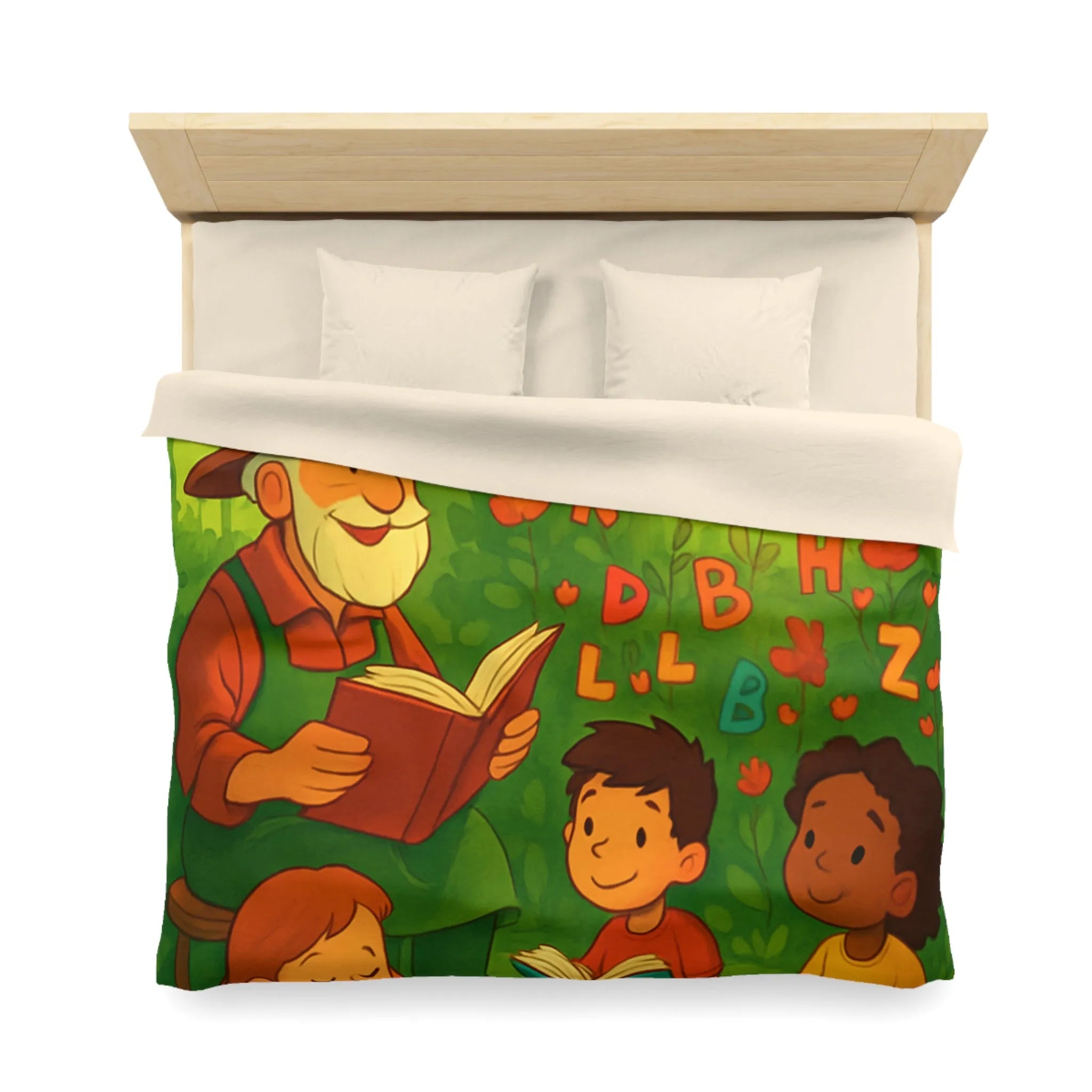 Housse de couette éducative avec scène de lecture, papillons et nature verdoyante