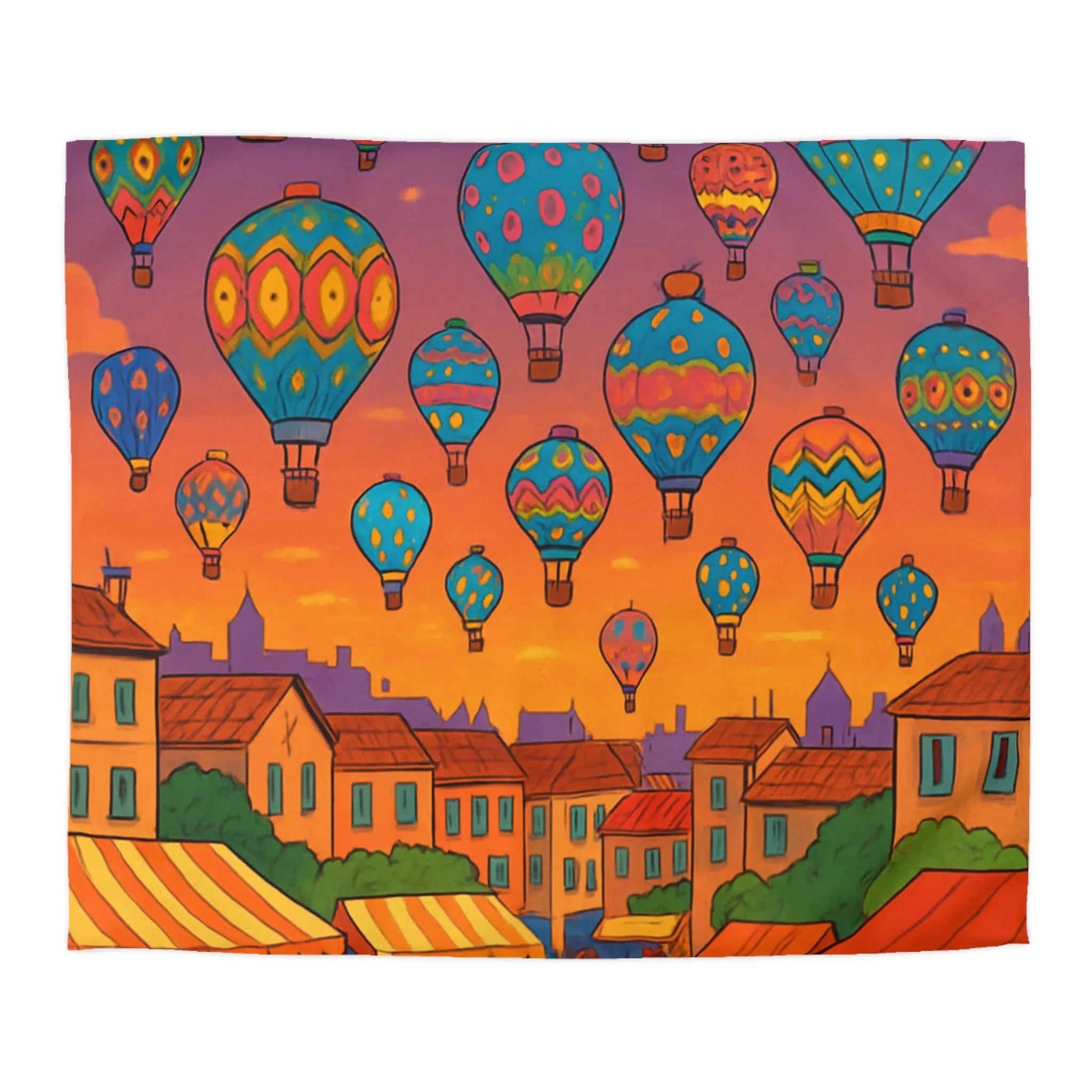 Housse de couette avec montgolfières colorées sur ciel au crépuscule villageois animé