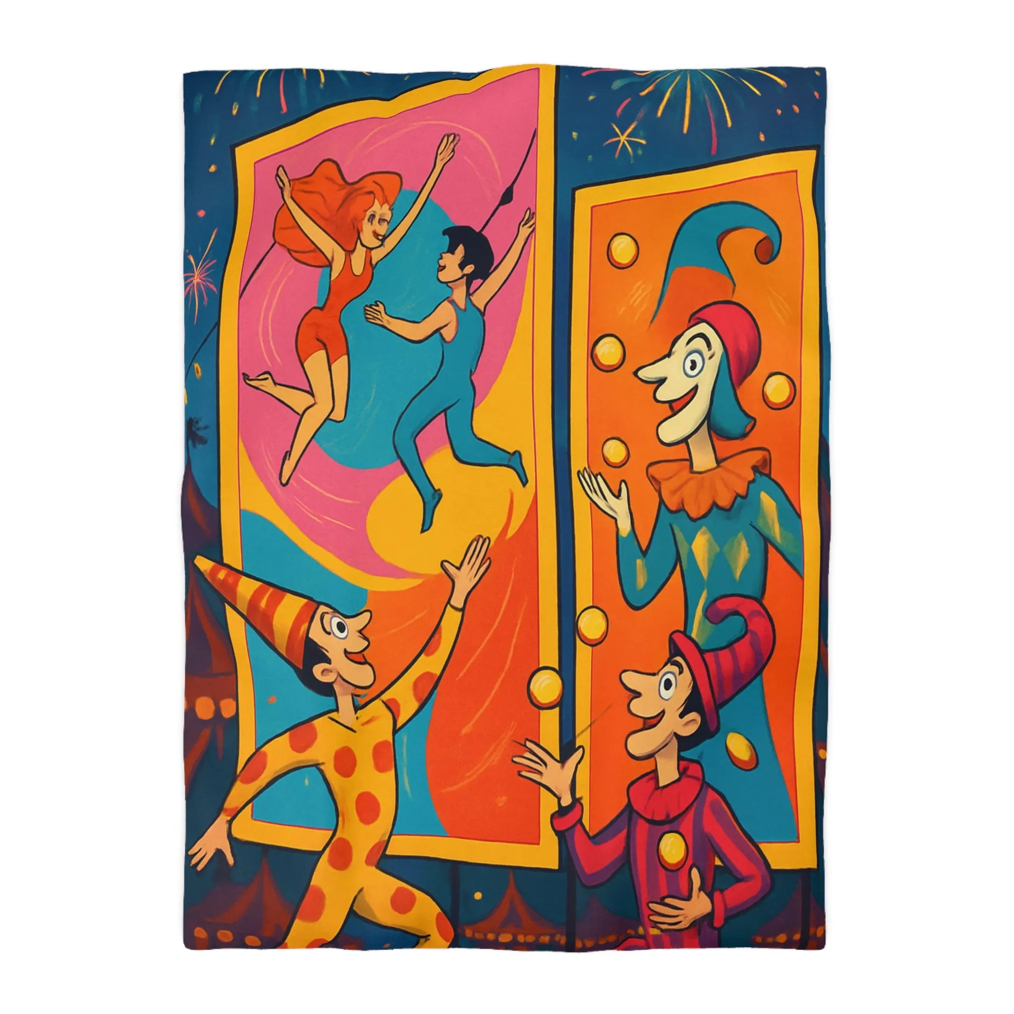 Housse de couette colorée avec jongleurs et acrobates, ambiance festive et joyeuse