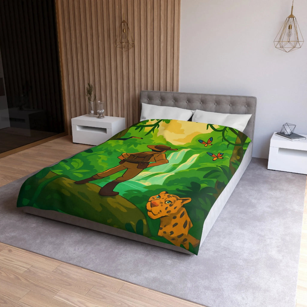 Housse de couette jungle exotique avec explorateur, toucan et paysages luxuriants