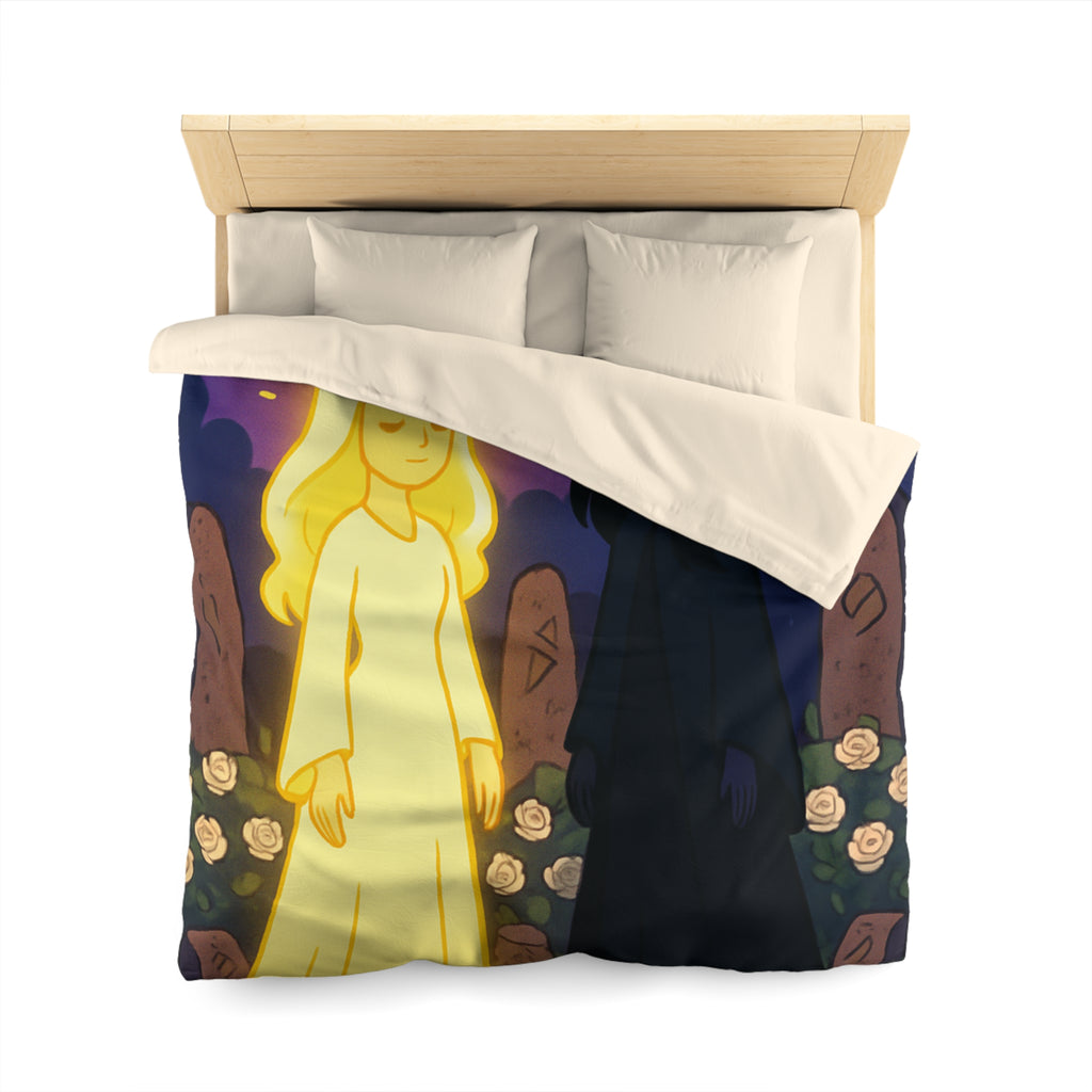 Housse de couette réversible avec deux figures mystérieuses en contraste lumineux, nature étoilée