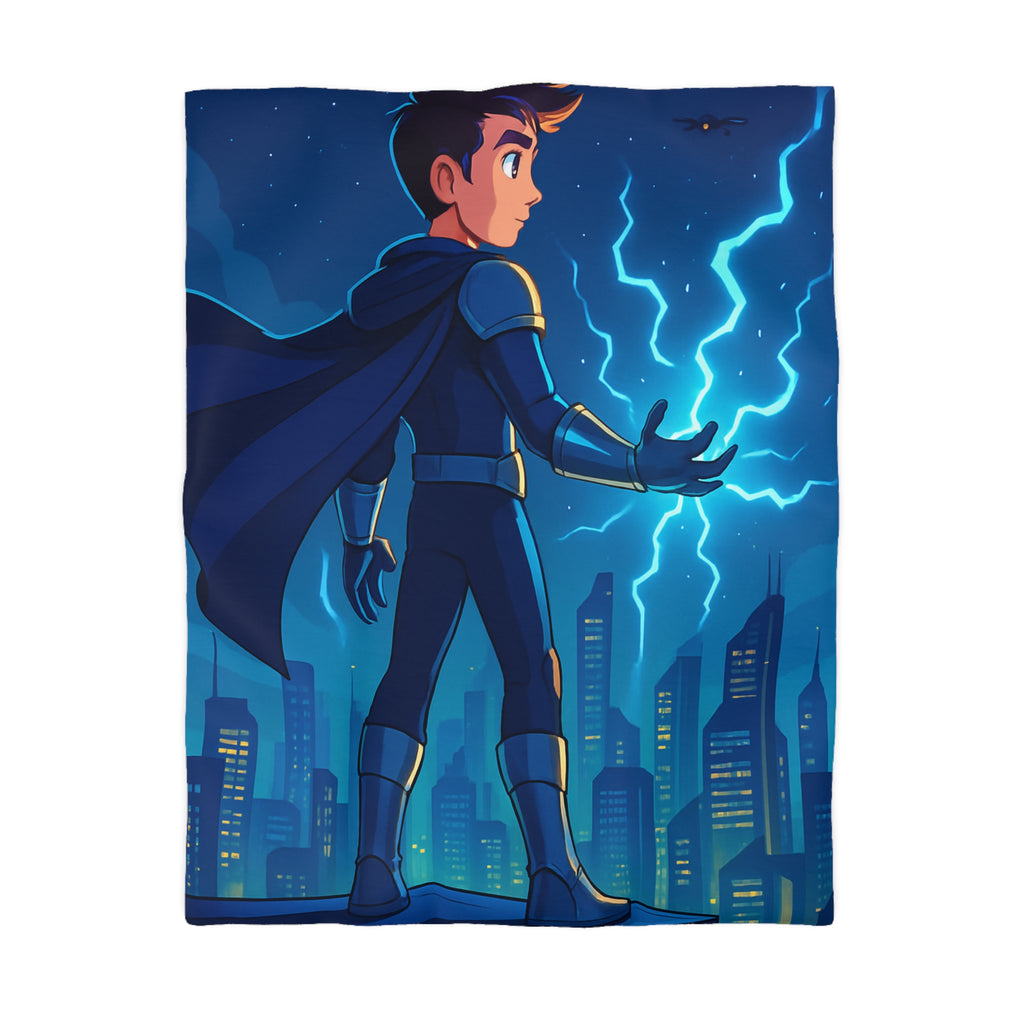 Housse de couette super-héros nocturne avec pouvoirs électriques et drones futuristes urbains