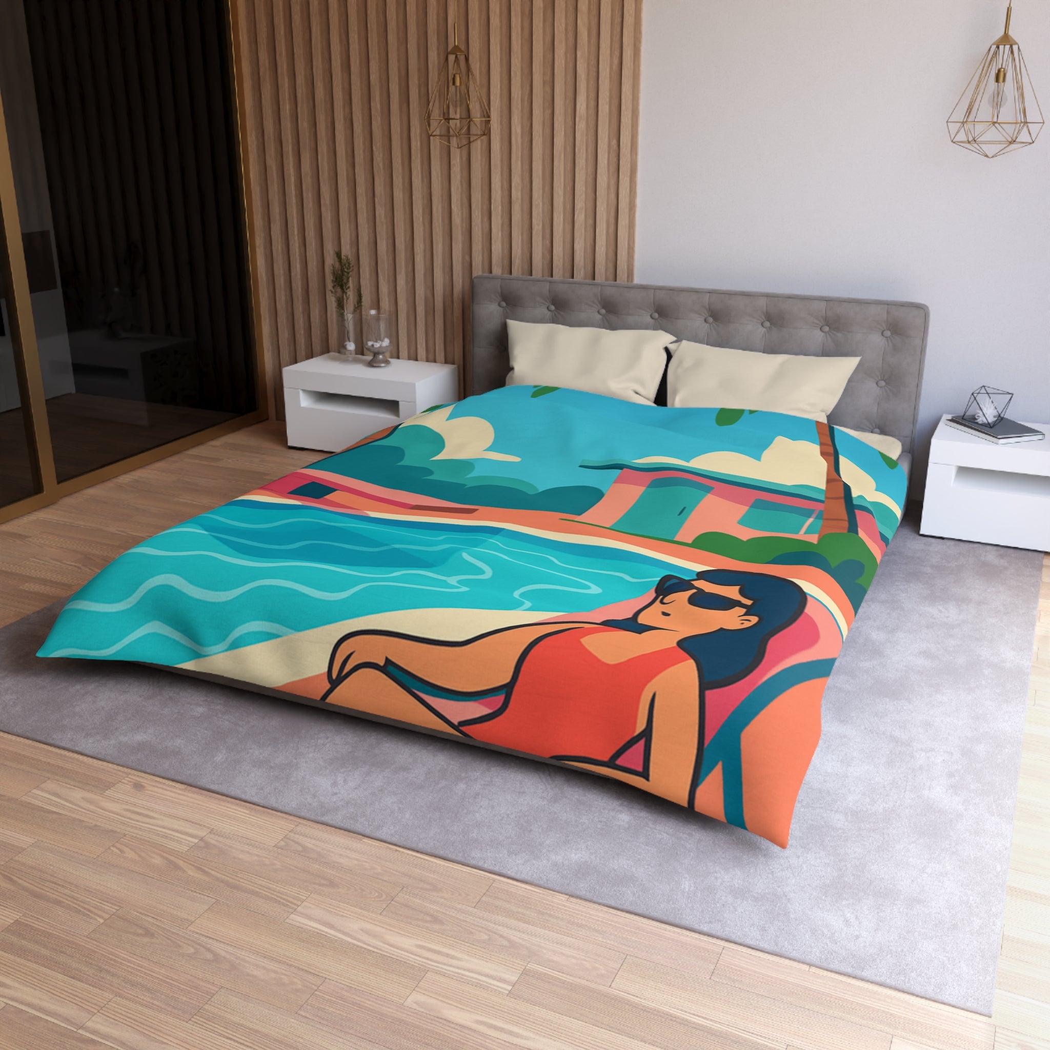 Vibrante housse de couette avec illustration de piscine et palmiers ambiance tropicale