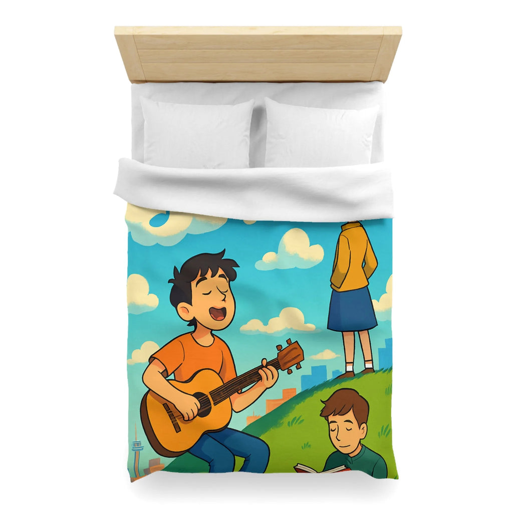Housse de couette avec personnages chantant et lisant sur colline ensoleillée