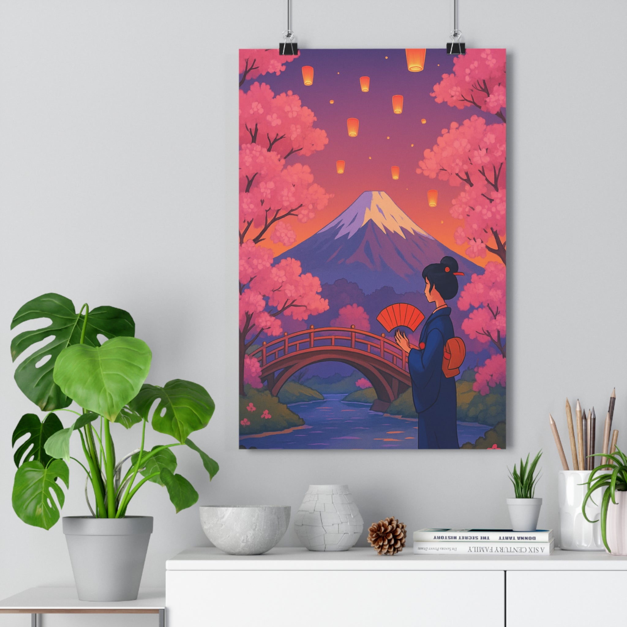 Poster décoratif mystique japonais pastel salon chambre art zen femme kimono élégant contemplatif lumineux