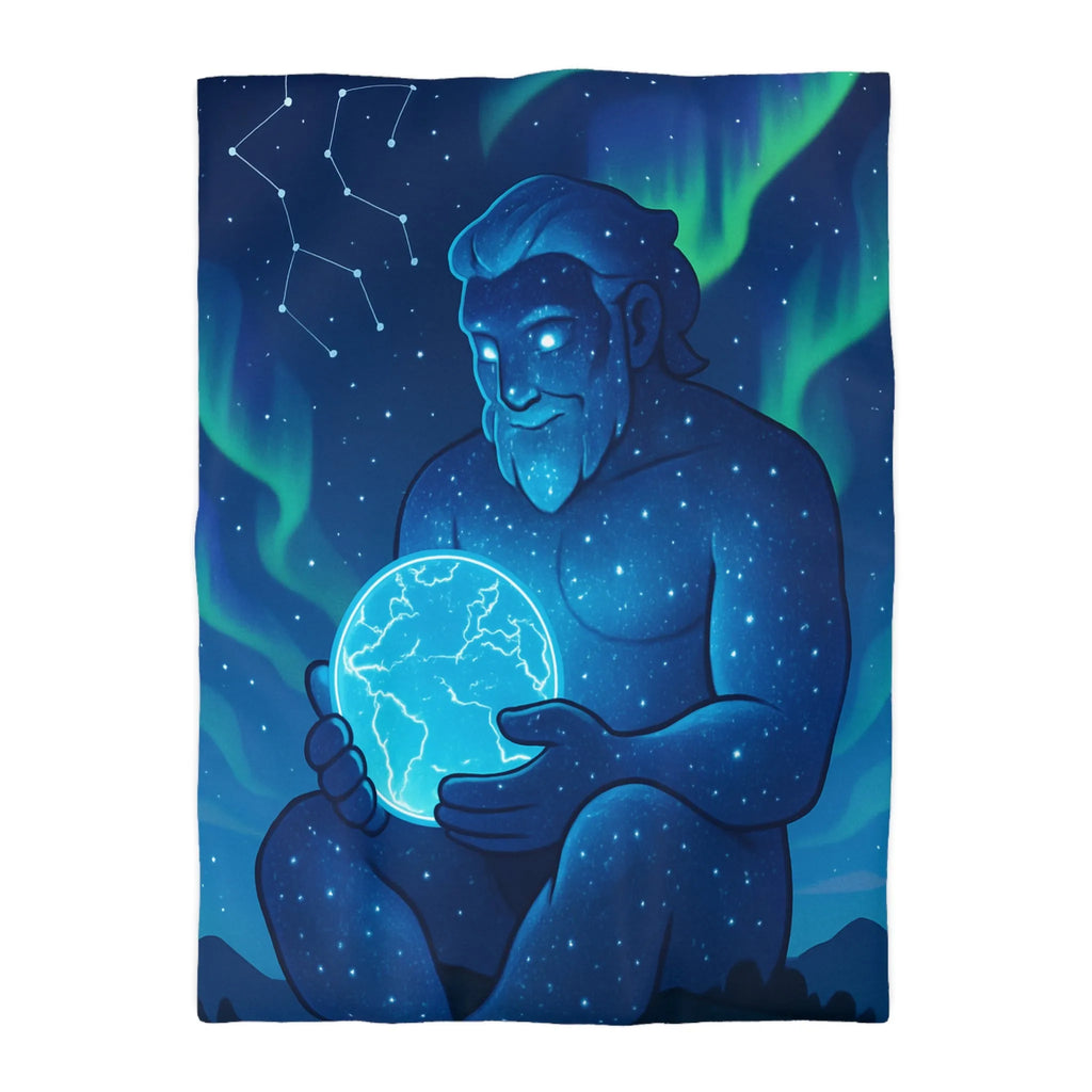 Housse de couette cosmique avec géant céleste tenant une planète lumineuse bleue