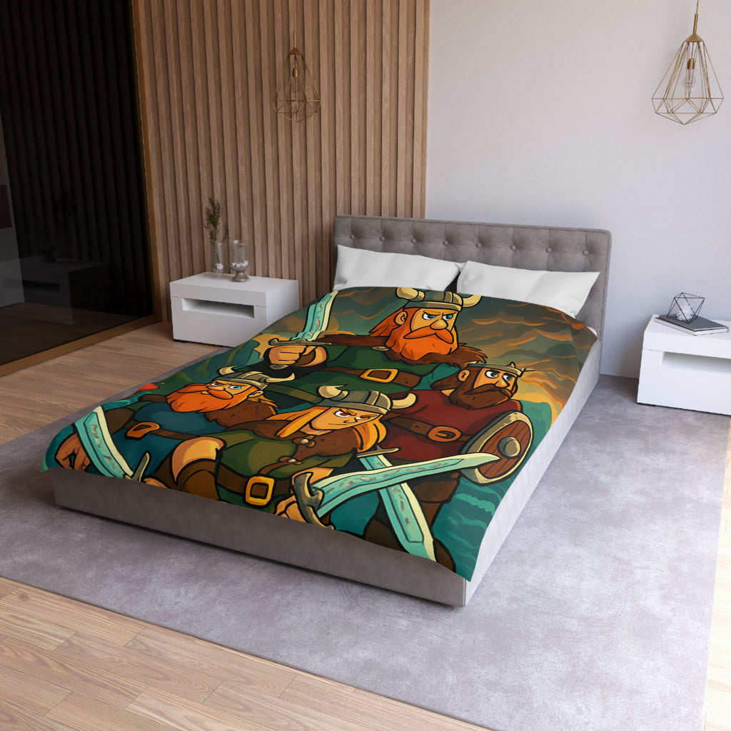 Housse de couette viking épique avec des guerriers et paysage dramatique