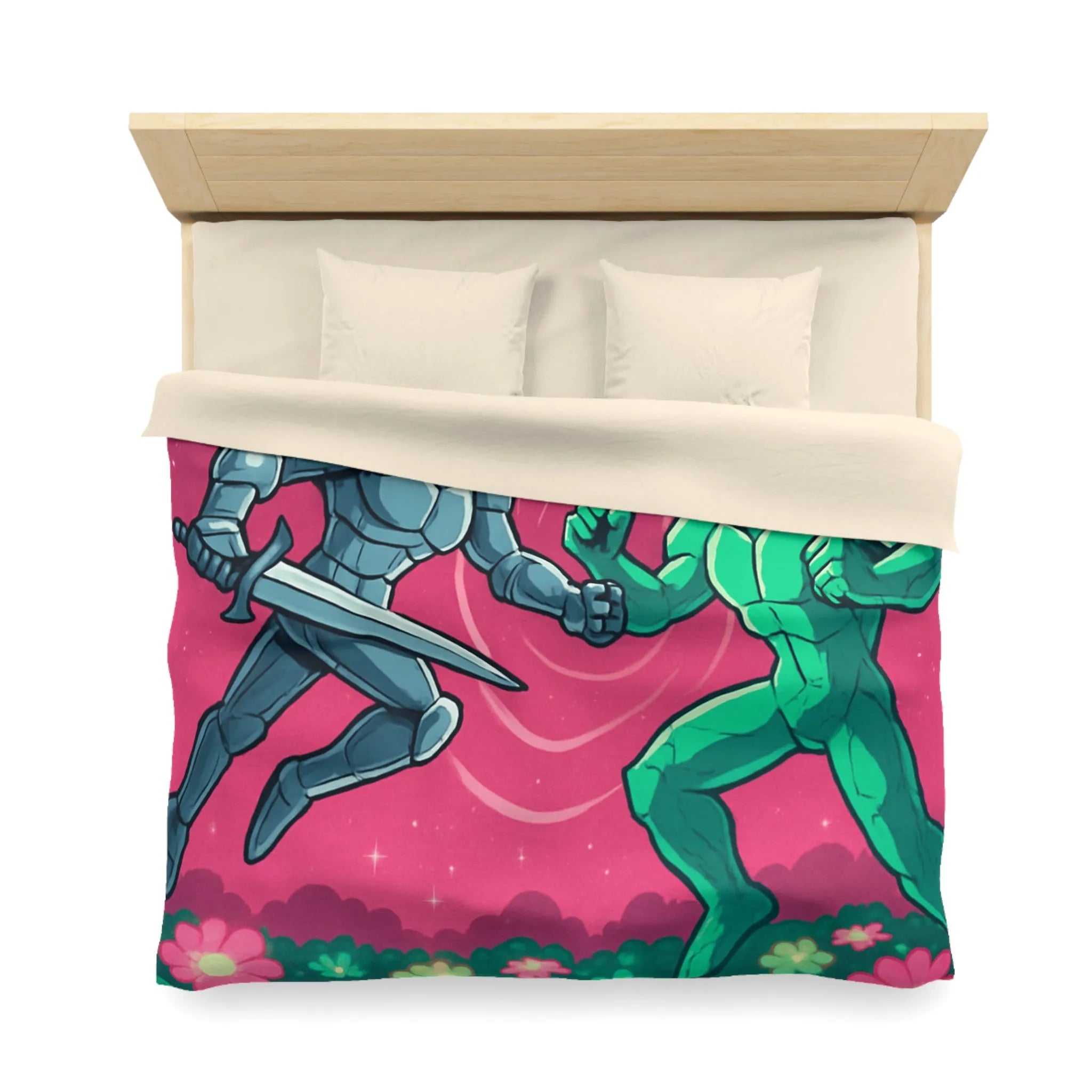 Housse de couette illustrée super-héros ailé avec scène de combat cosmique floral coloré