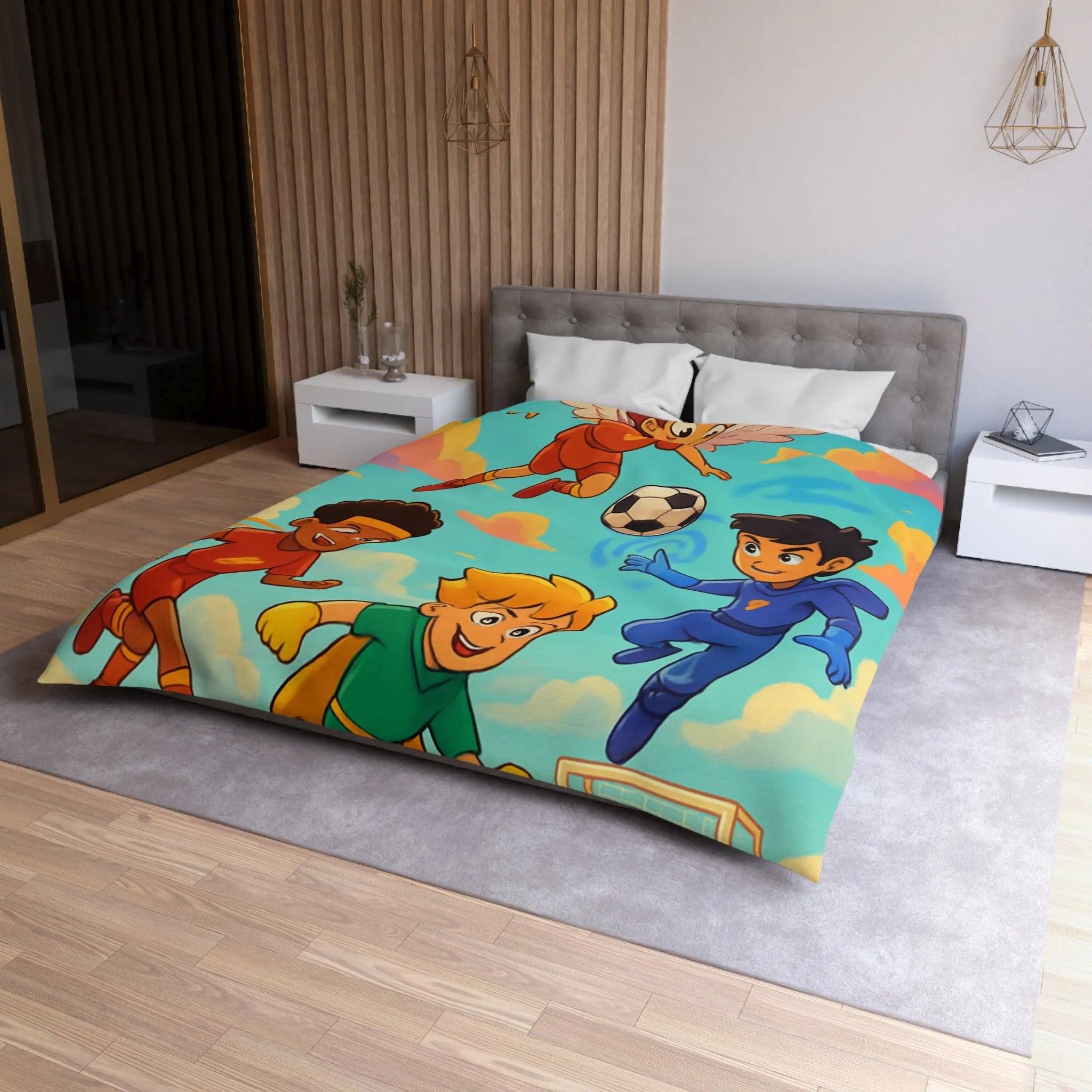 Housse de couette colorée avec enfants jouant au football dans un style cartoon céleste
