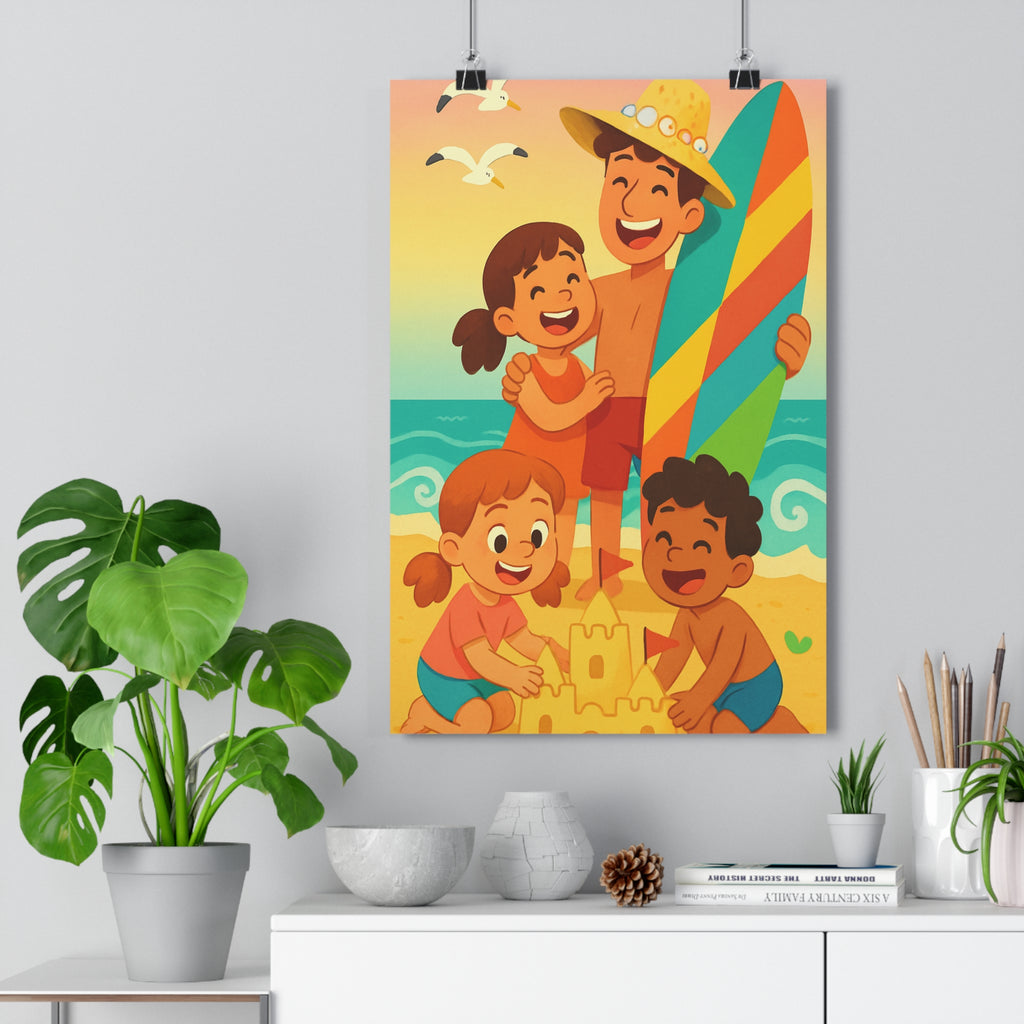 Poster décoratif cartoon pastel joyeux plage famille enfants surf chambre murale ambiance estivale chaleureuse