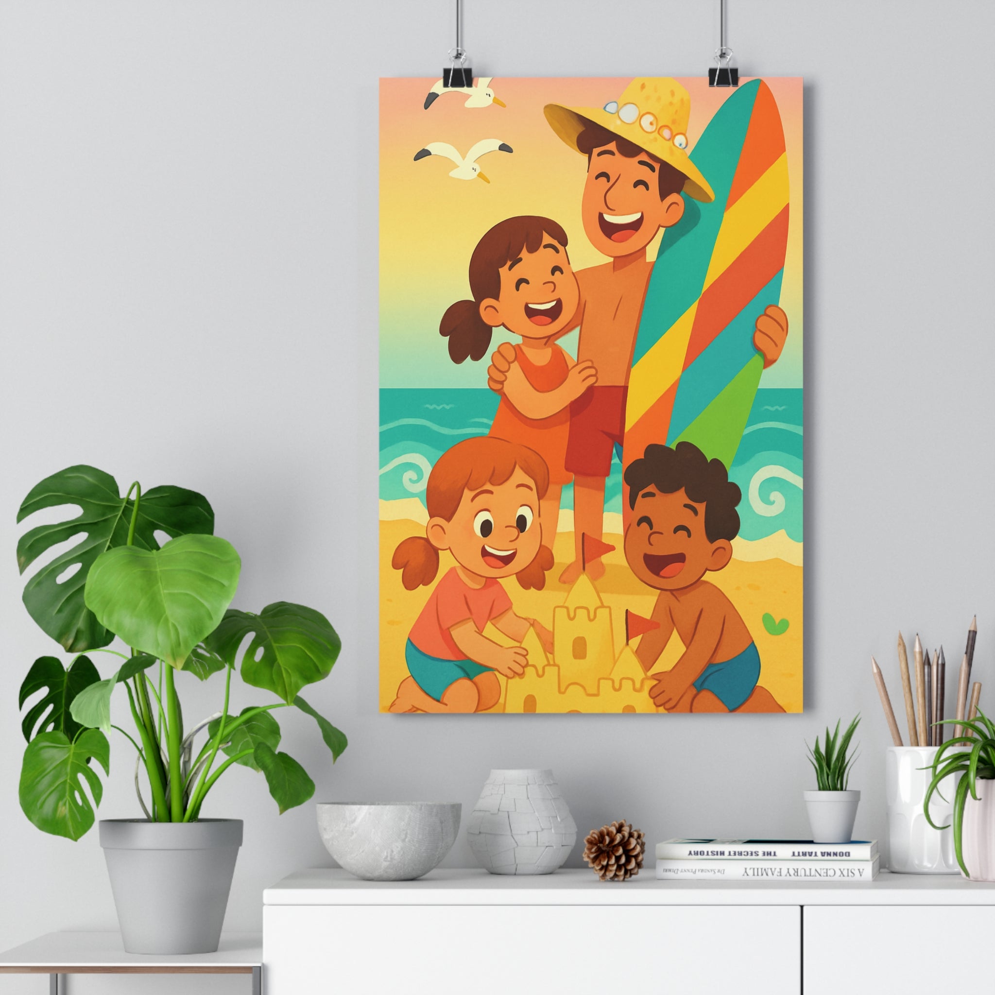 Poster décoratif cartoon pastel joyeux plage famille enfants surf chambre murale ambiance estivale chaleureuse