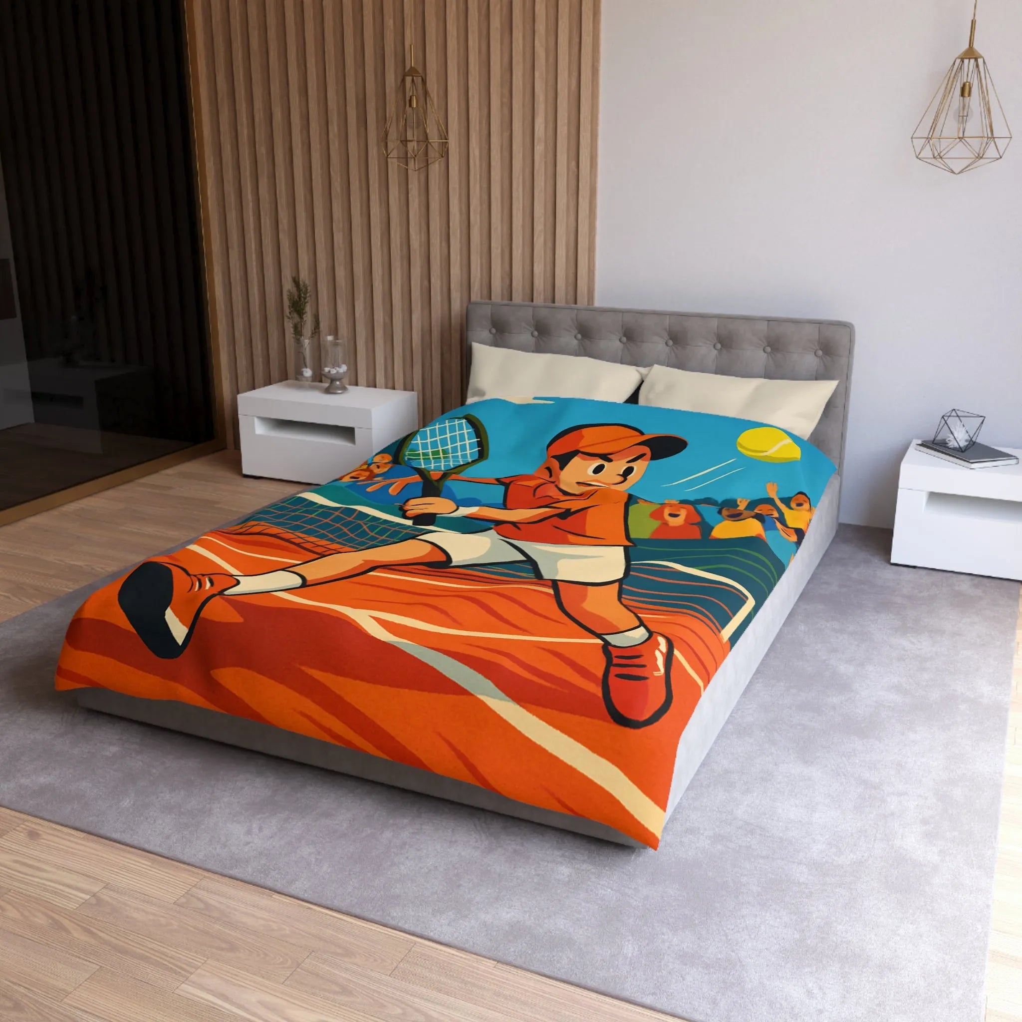 Dessin Animé Joueur de Tennis Dynamique en Action sur Court avec Public Enthousiaste