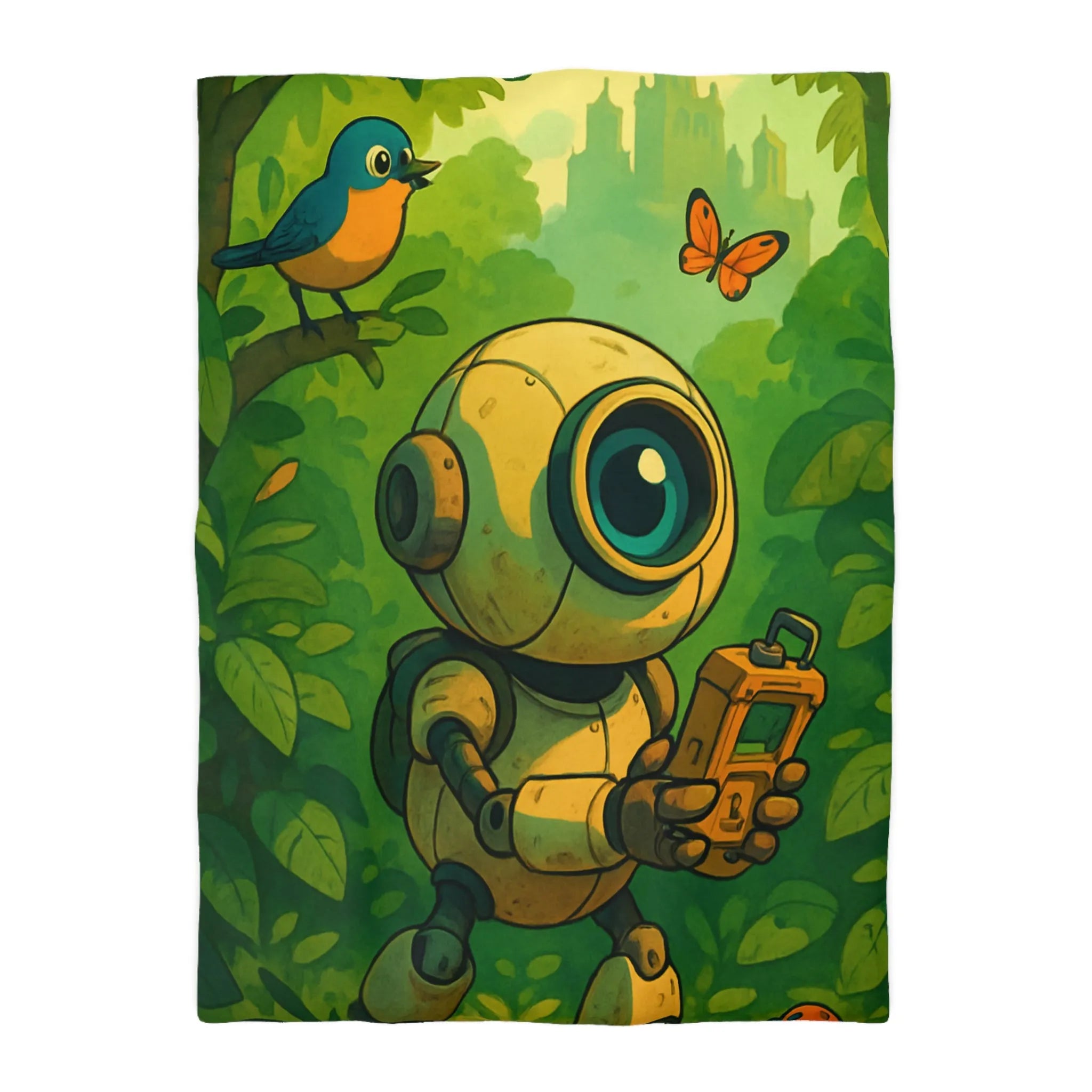 Housse de couette ludique avec robot curieux dans une forêt verdoyante et magique