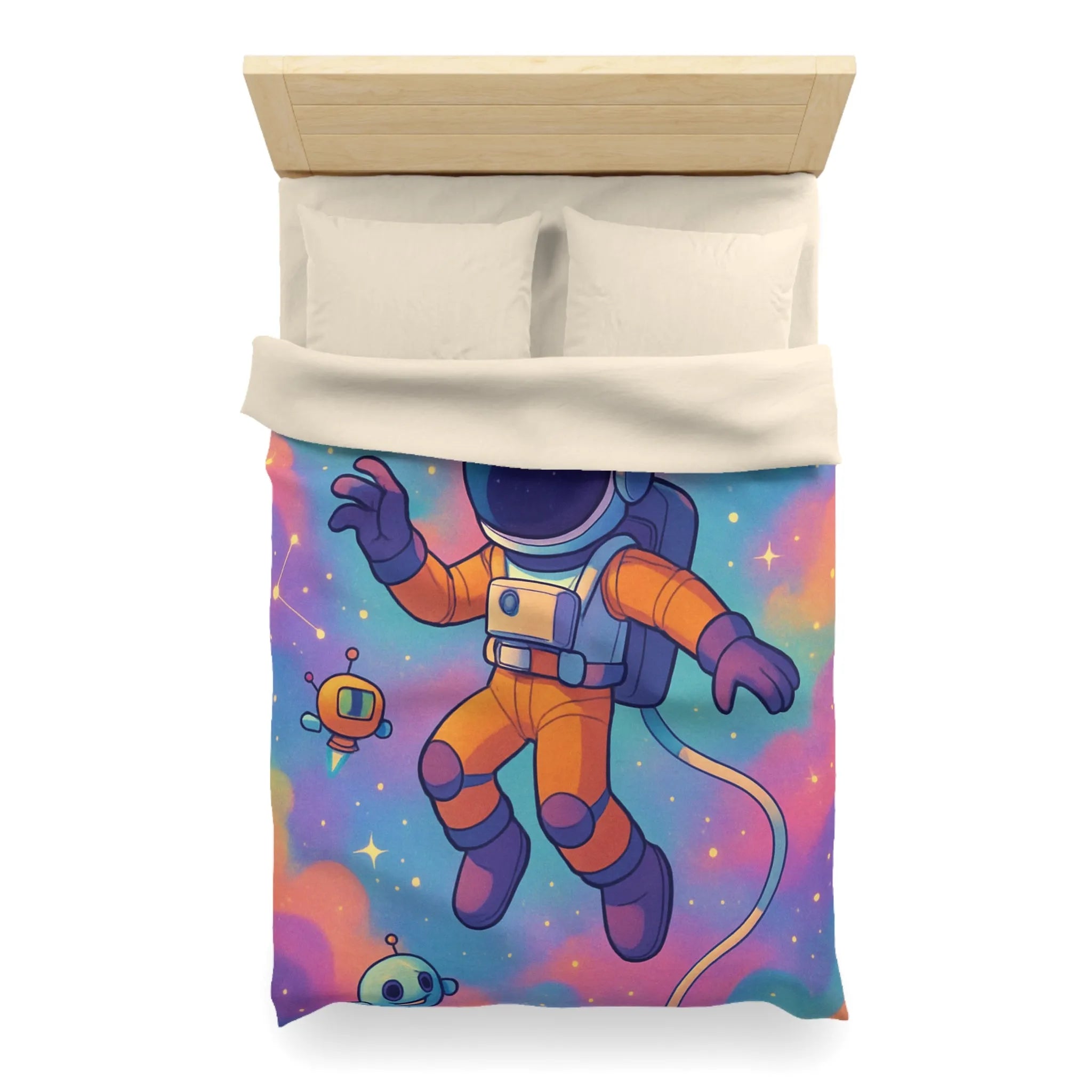 Housse de couette colorée spatiale avec astronaute, planètes et robots ludiques pour enfants